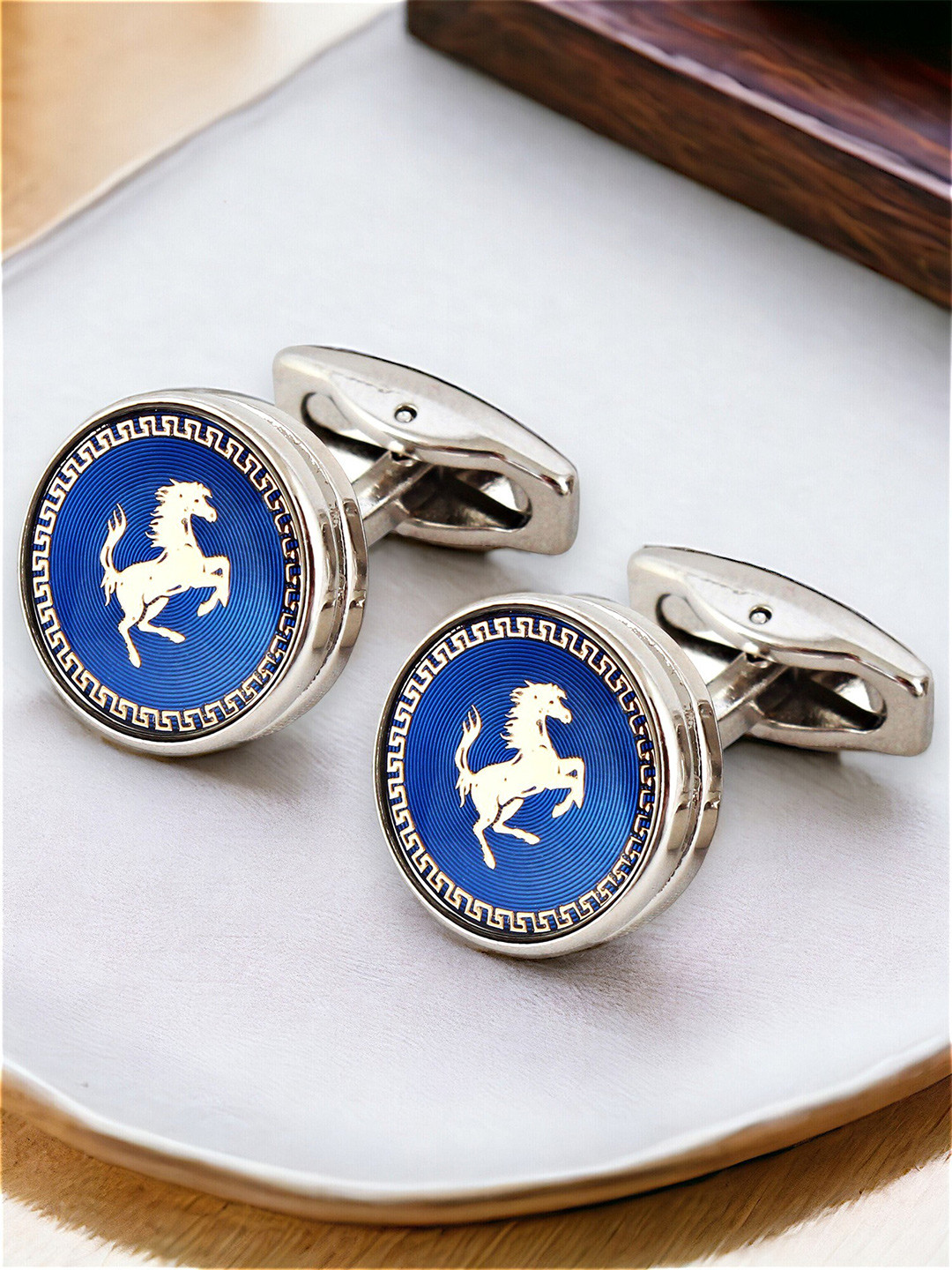 LUCKY JEWELLERY Silver Plated Textured Round Blazer Cufflinks