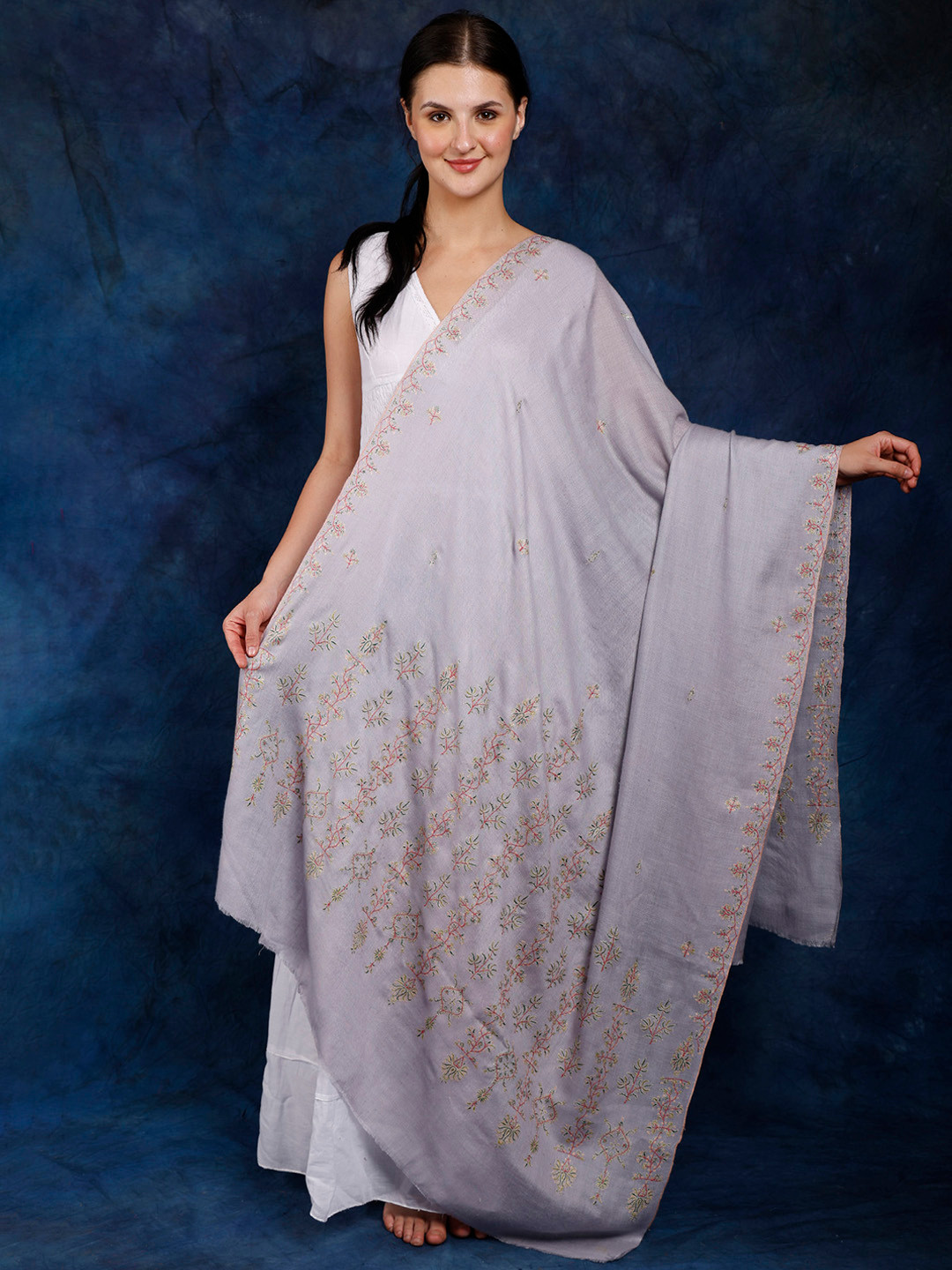 Exotic India Lavender Blue Pure Pashmina Intricate Sozni Hand Embroidered Kashmiri Shawl