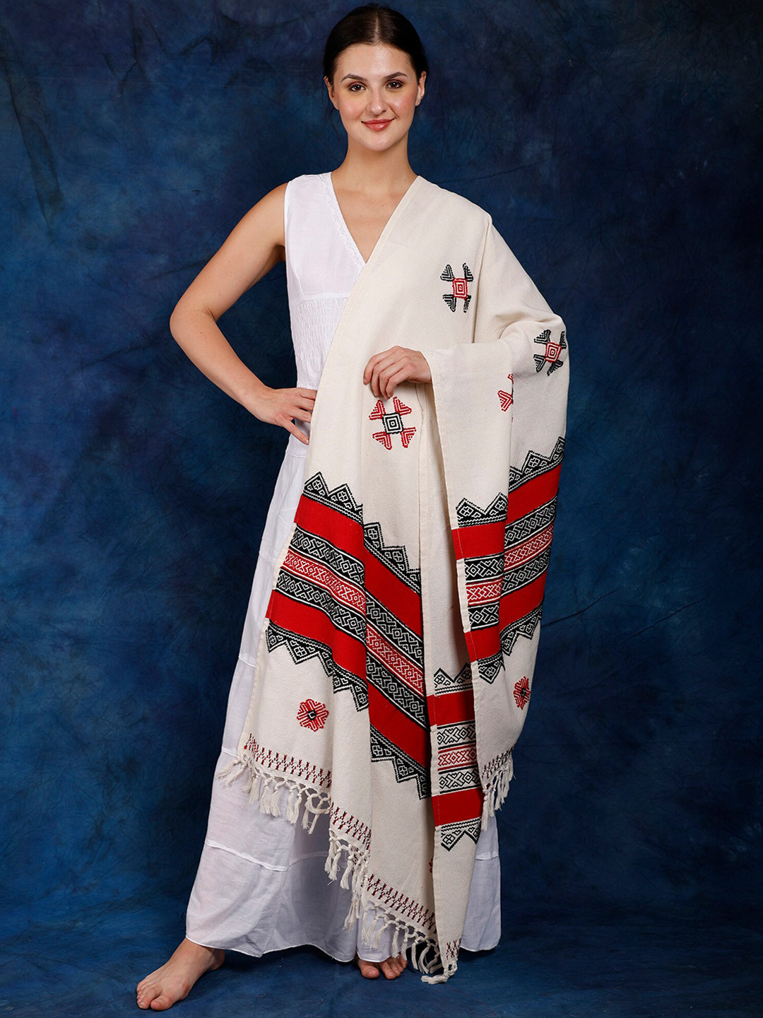 Exotic India Ivory Cotton Toda Embroidery Shawl