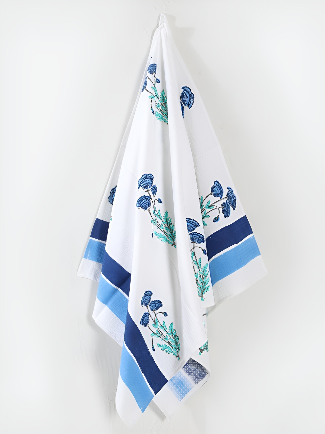 HANDICRAFT PALACE Blue & White Printed Pure Cotton 250GSM Premium Waffle Bath Towel