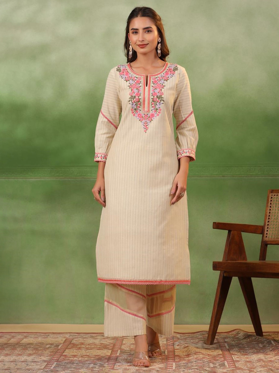 AUTUMN LANE Embroidered Regular Pure Cotton Kurta With Palazzos & Dupatta