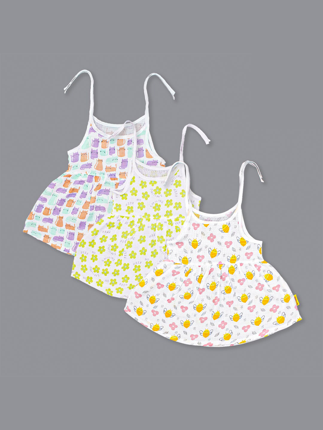 Born Babies Girls Pack Of 3 Print Sleeveless Knot Frock Organic Cotton A-Line Dresses