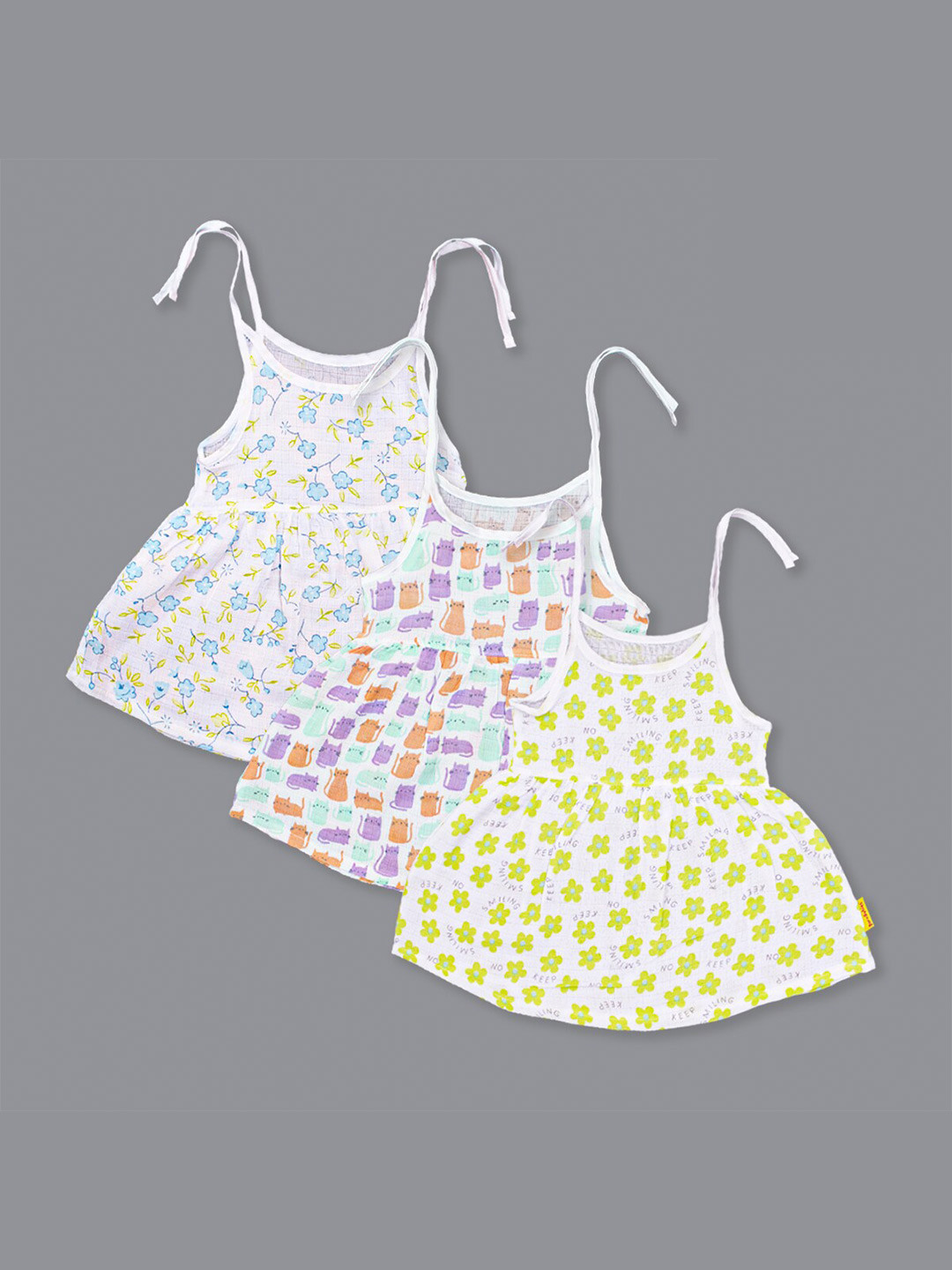 Born Babies Girls Pack Of 3 Print Sleeveless Knot Frock Organic Cotton A-Line Dress