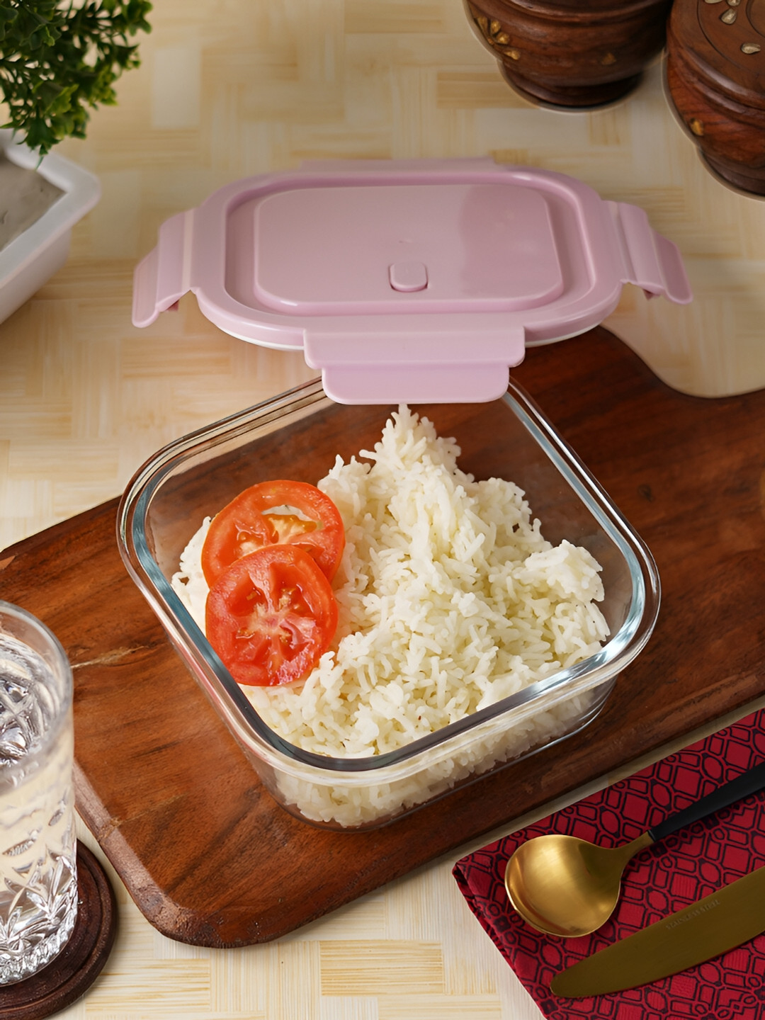 Aura Pink Solid Glass Dishwasher and Microwave Safe 1PCs Lunch Box With Spoon and Fork