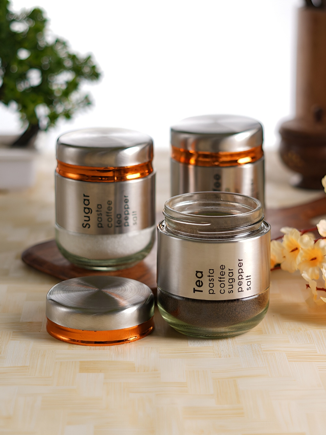 Aura Silver Typography Glass Dishwasher Safe 3 Piece Clip-On Canister