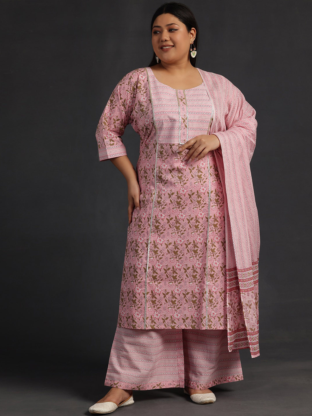 EXTRA LOVE BY LIBAS Plus Size Yoke Design Cotton Straight Kurta With Palazzos & Dupatta