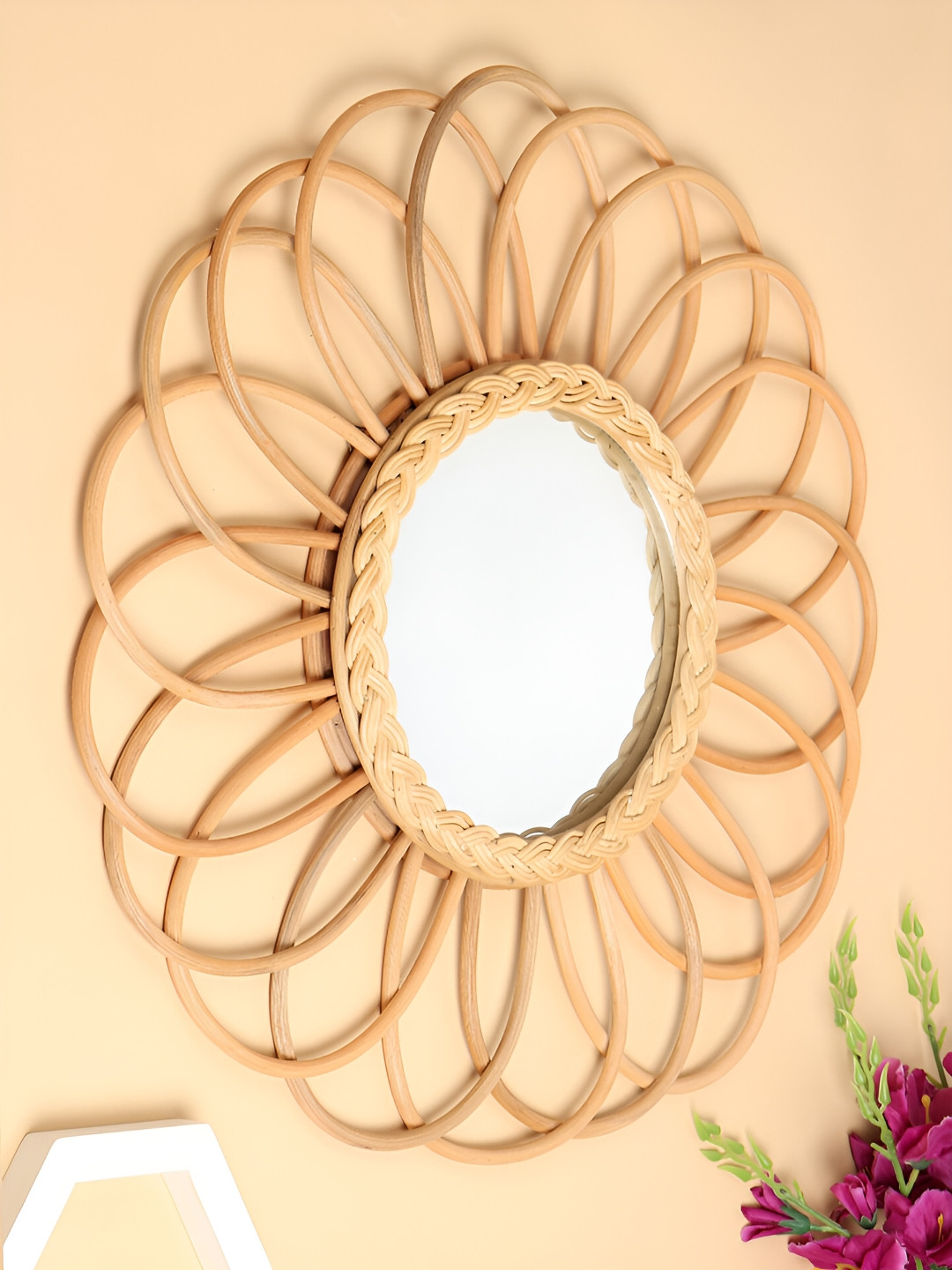 HABERE INDIA Brown Wall Decor Rattan Mirror
