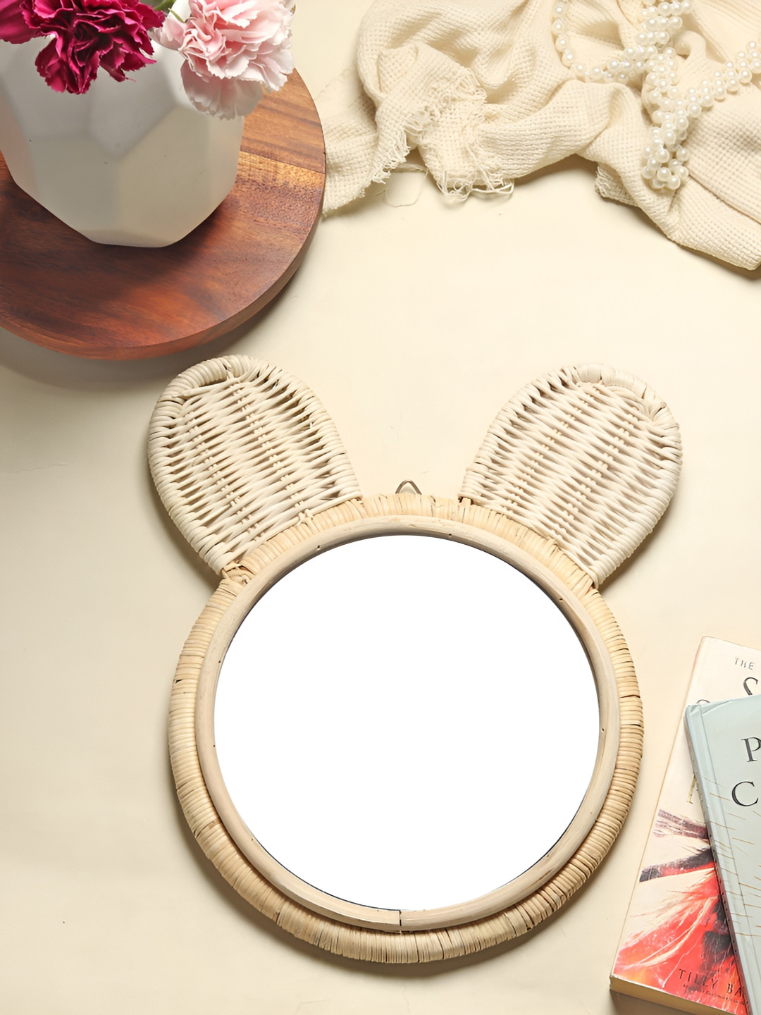 HABERE INDIA Beige Wall Decor Rattan Mirror