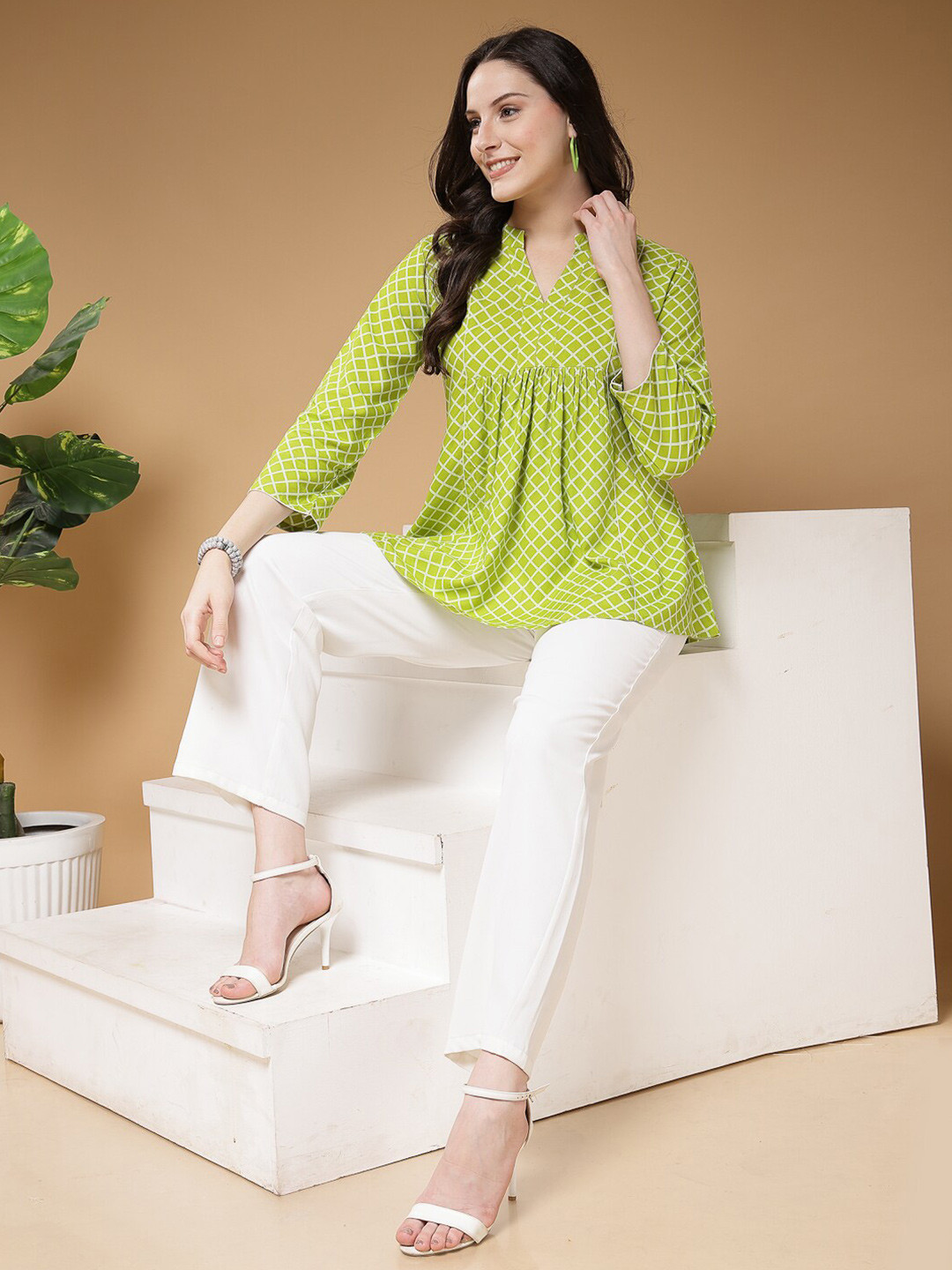 Indibelle Checked Gathered or Pleated A-Line Top