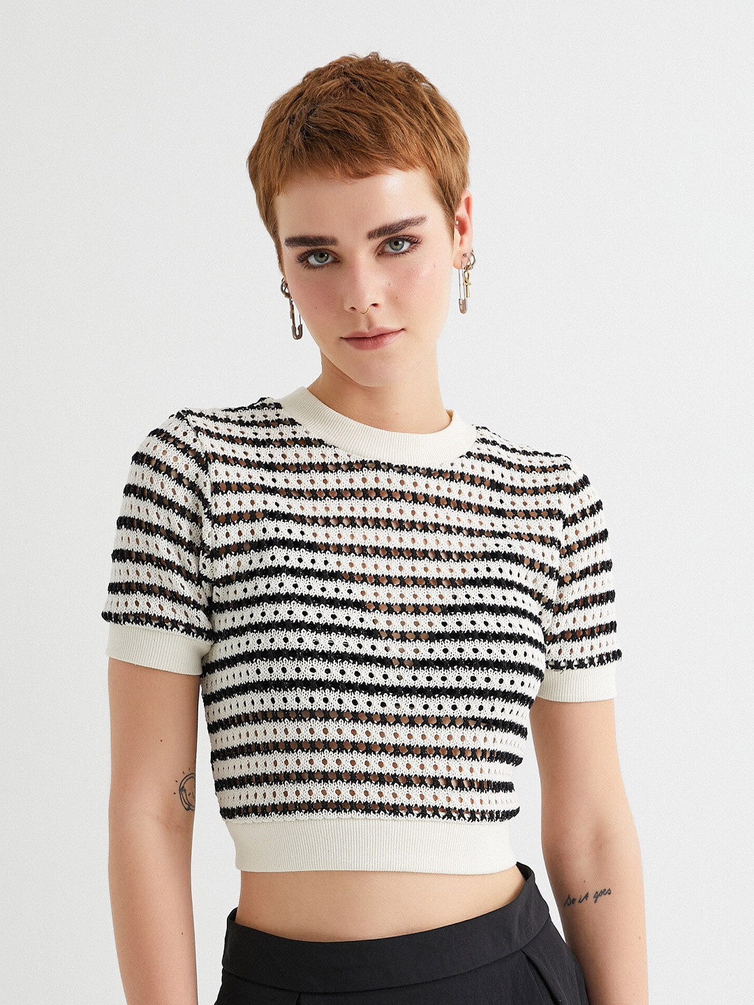 Koton Round Neck Self Design Crop Top