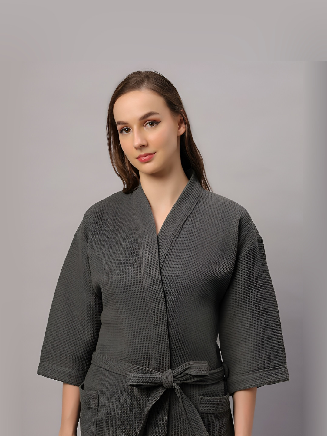 HotGown Waffle Grey Self Design Cotton Drawstring Midi Bath Robe