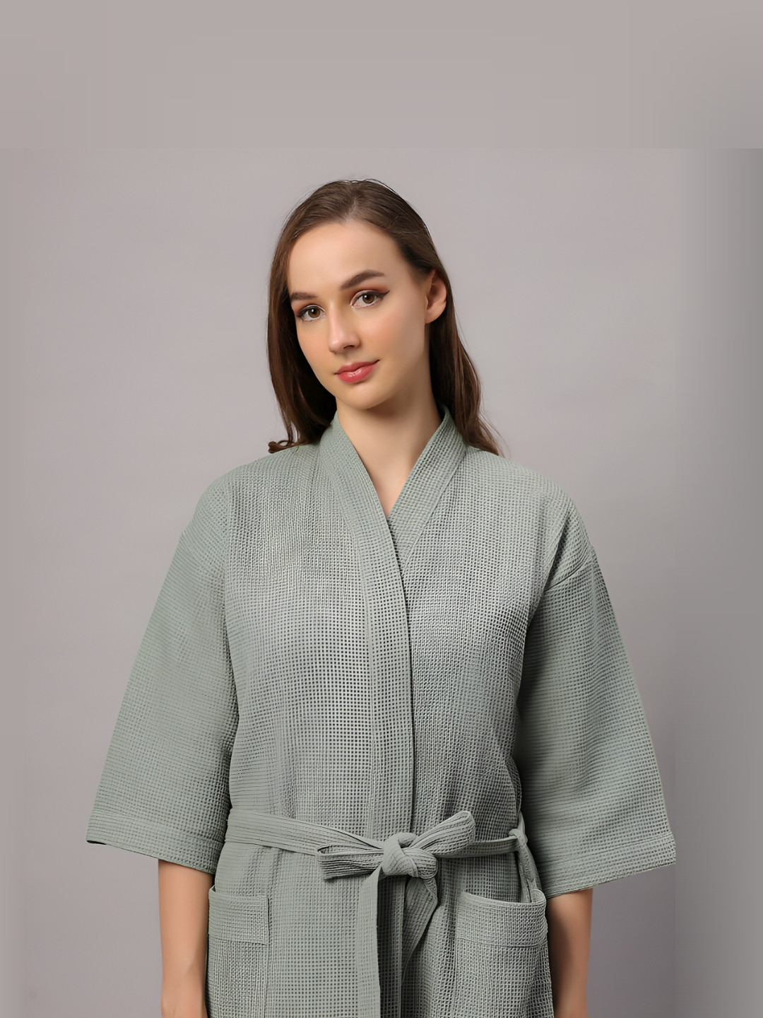 HotGown Waffle Green Self Design Cotton Drawstring Midi Bath Robe