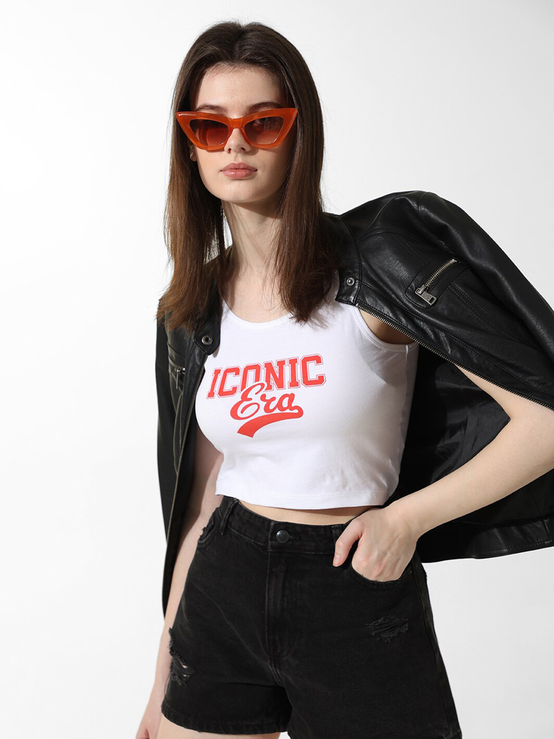 ONLY Typography Printed Sleeveless Round Neck Cotton Crop T-shirt