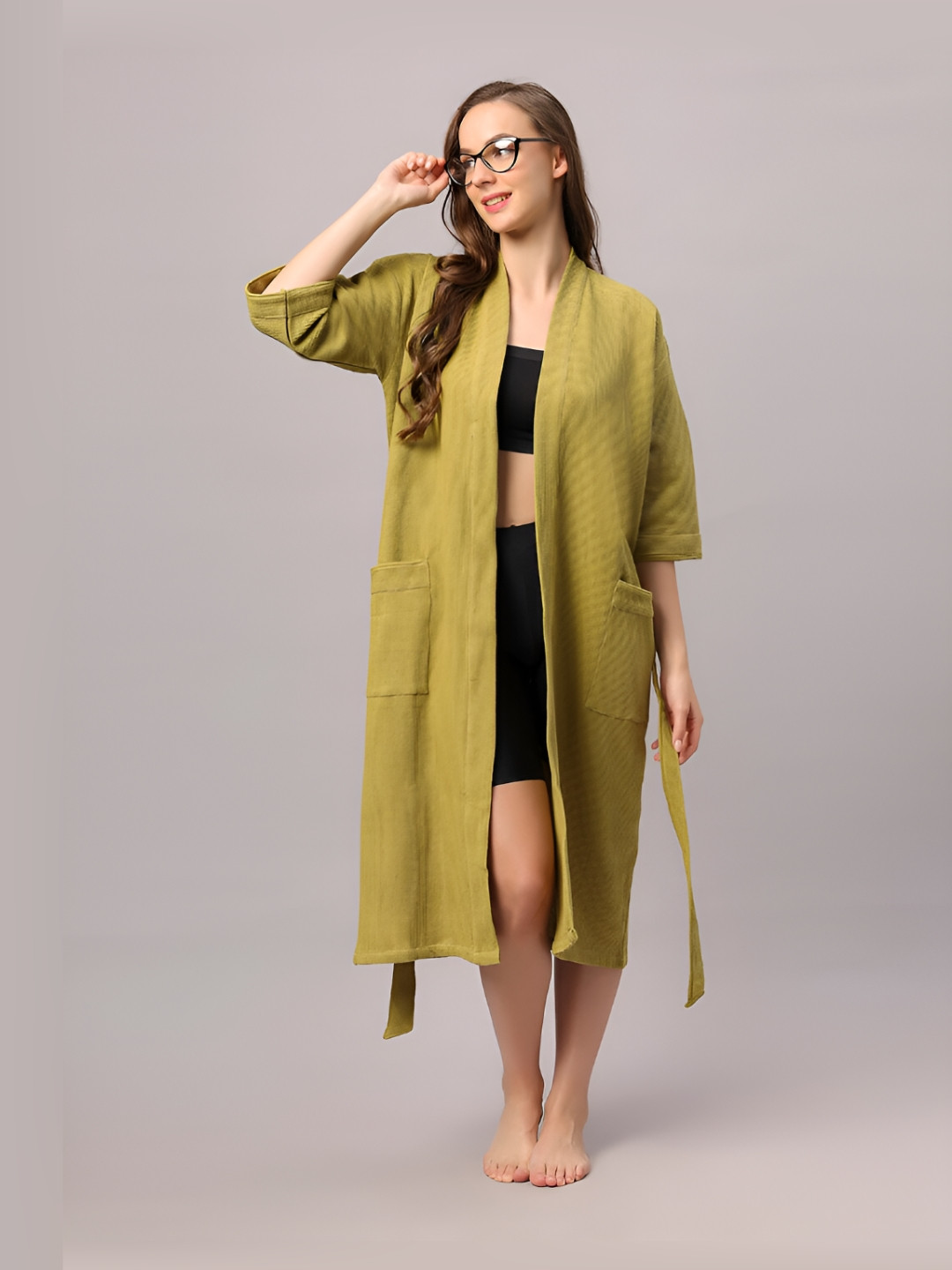 HotGown Waffle Green Self Design Cotton Drawstring Midi Bath Robe-S
