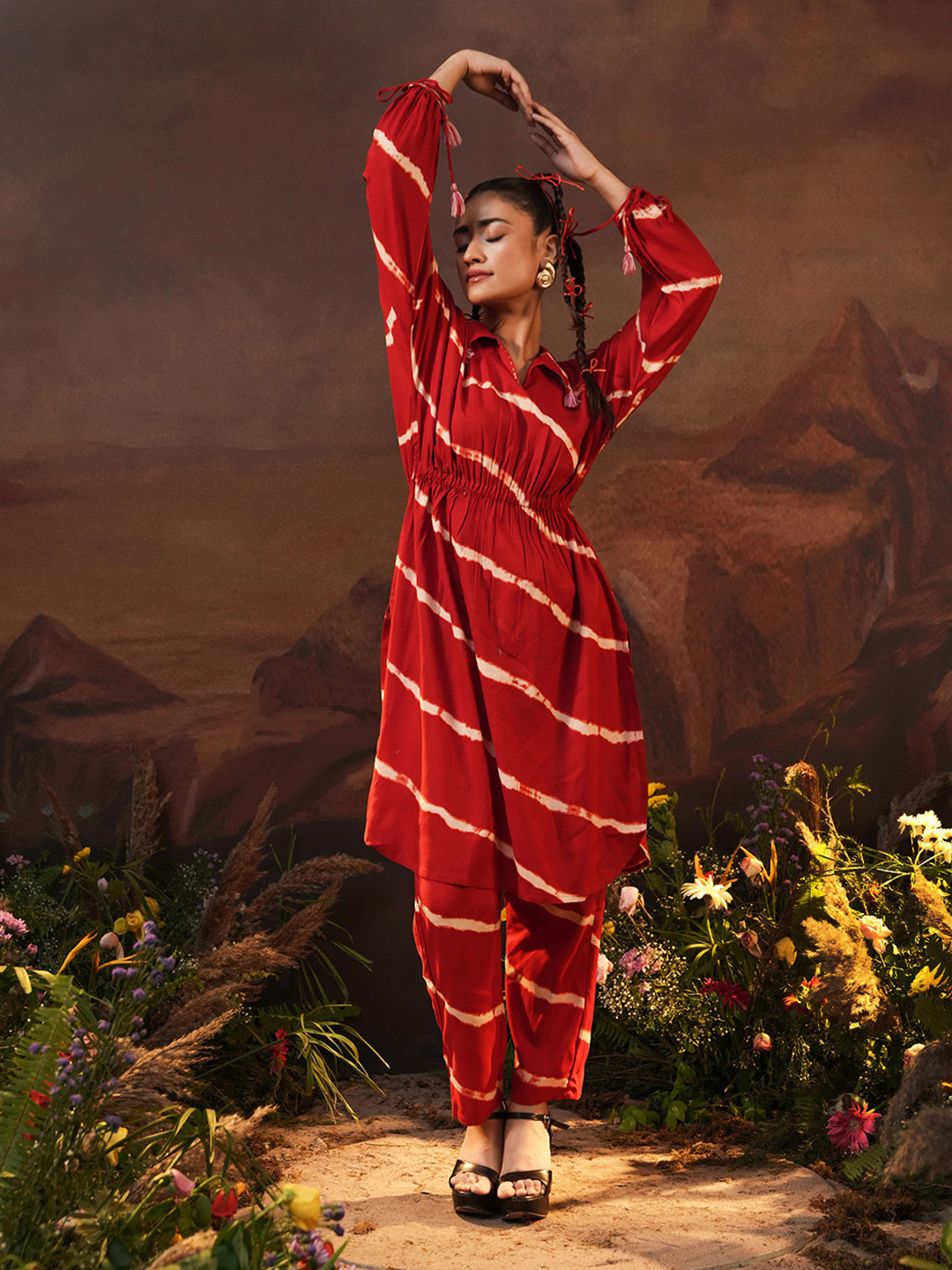 Ishin Tie & Dye Dyed Printed V-Neck Tunic Top and Trouser Co-Ords