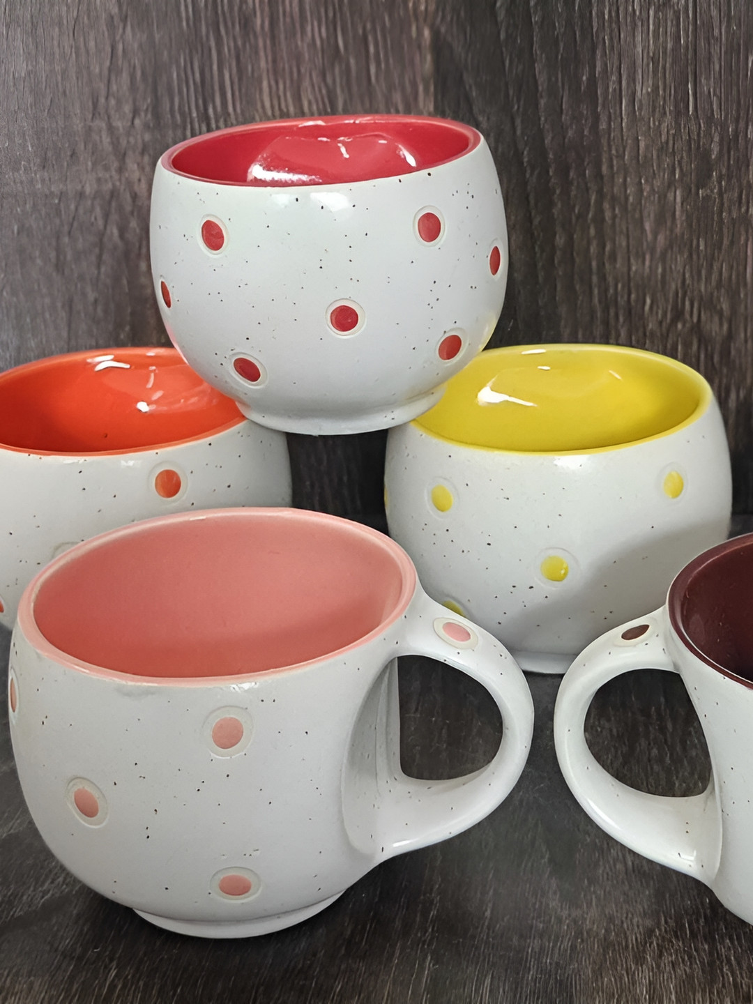 Love Unlimited Heart Shaped White Polka Dots Ceramic Microwave Safe 6 Piece Cups-140ml