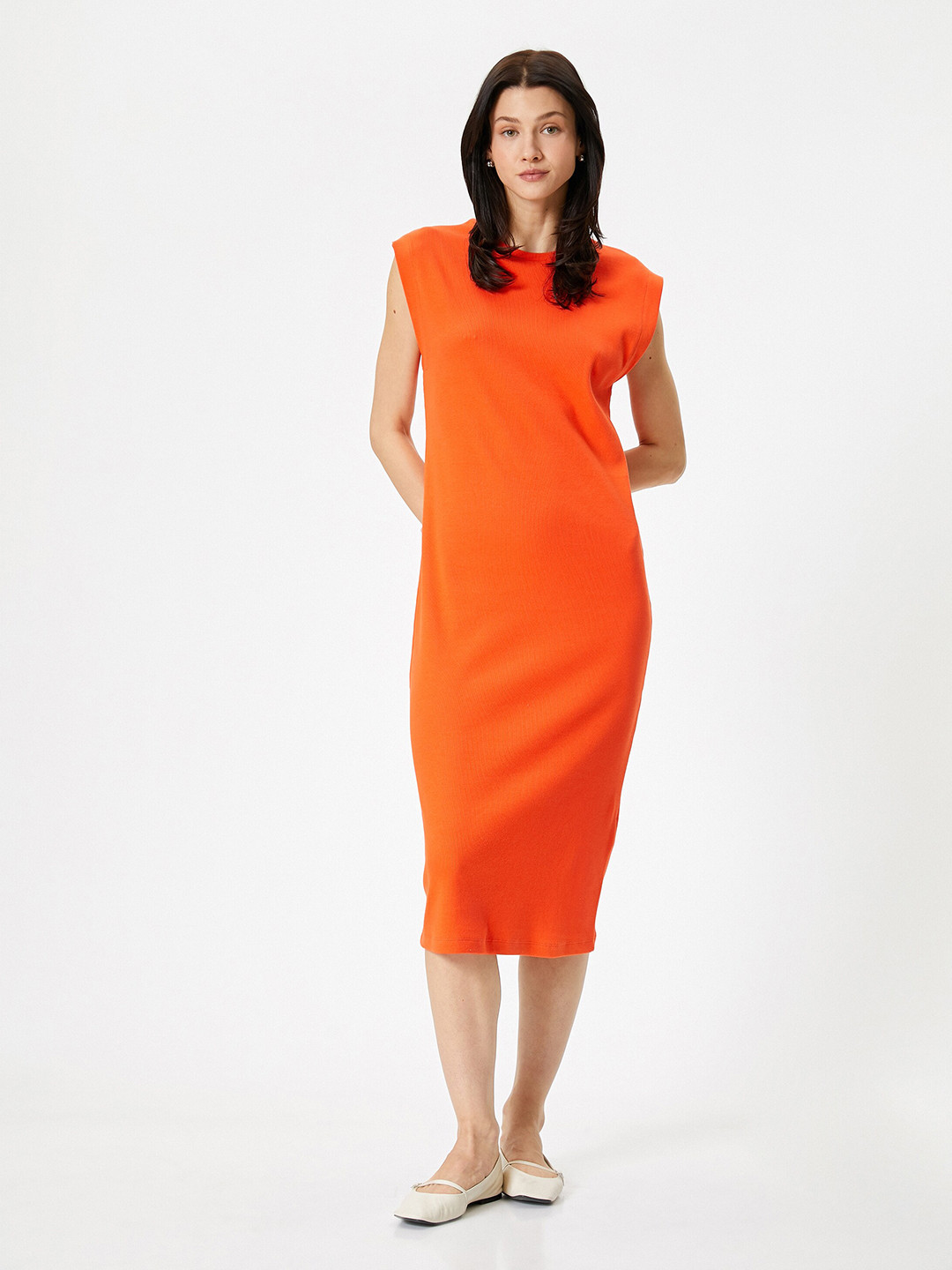 Koton Round Neck Extended Sleeveless Cotton Midi Bodycon Dress