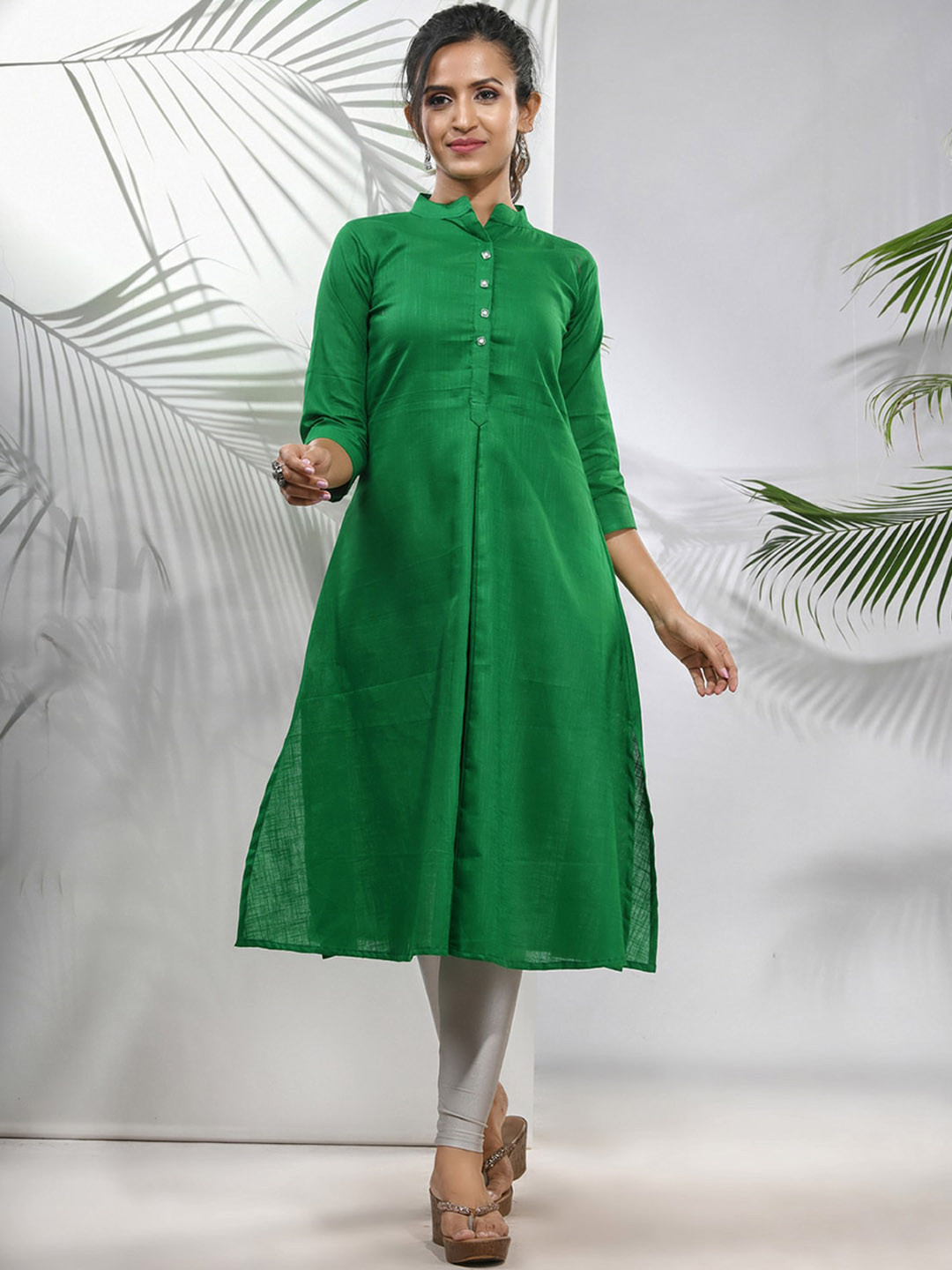 Charukriti Cotton Thread Work Mandarin Collar Three-Quarter Sleeves A-Line Kurta