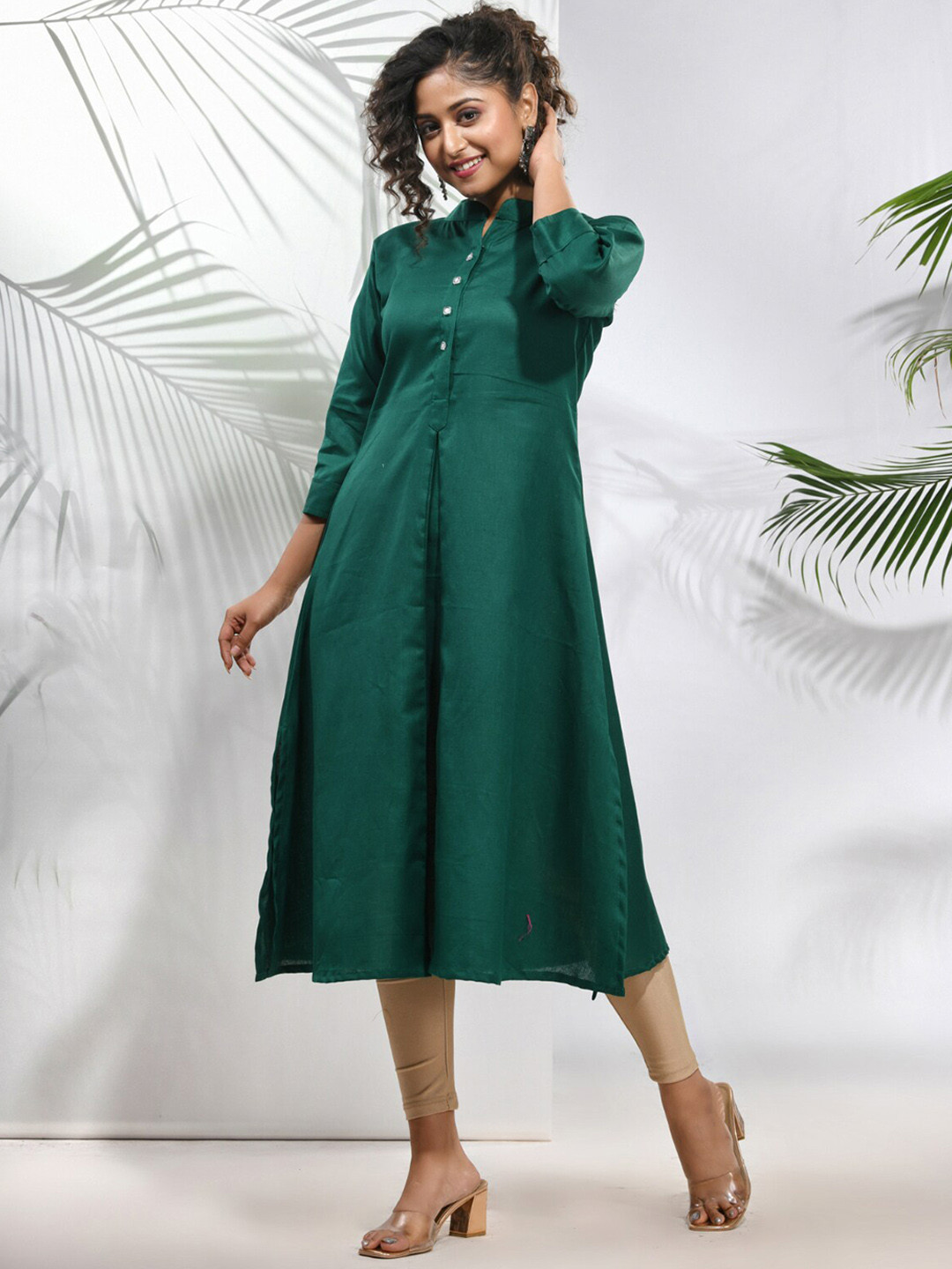 Charukriti Cotton Thread Work Mandarin Collar Three-Quarter Sleeves A-Line Kurta