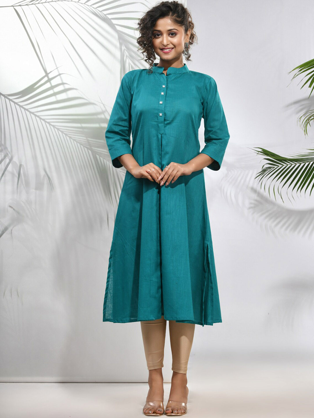 Charukriti Cotton Thread Work Mandarin Collar Three-Quarter Sleeves A-Line Kurta