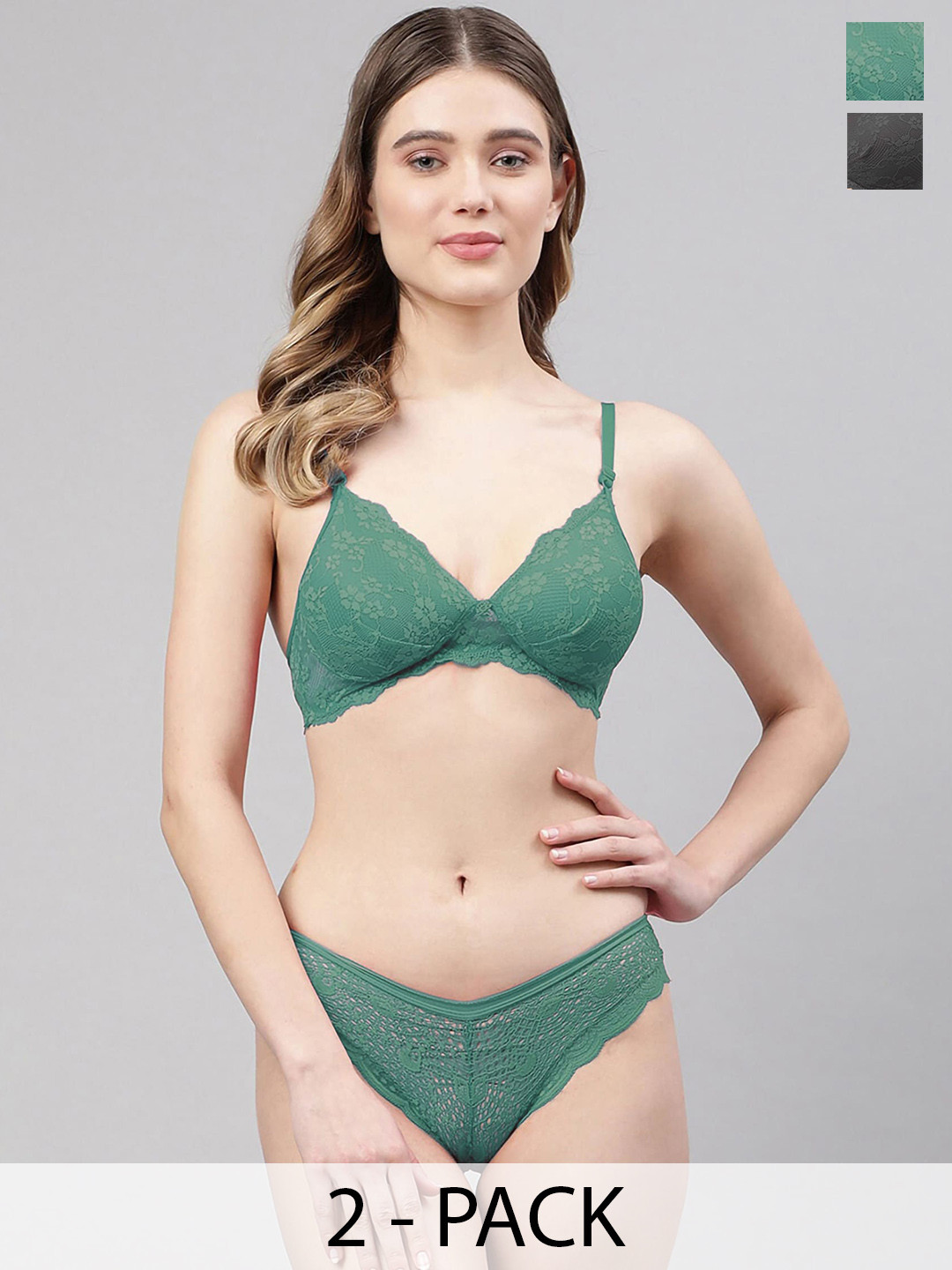 In-Curve Pack Of 2 Lace Self Design Mid-Rise Brief & Lightly Padded Bra