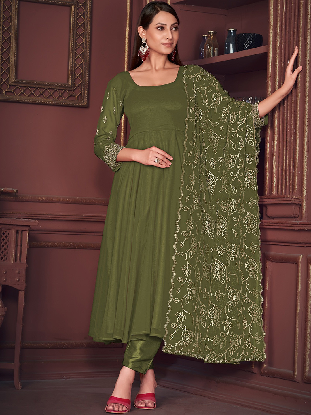 Warthy Ent Embrodiery Semi-Stitched Anarkali With Duptta Set Dress Material