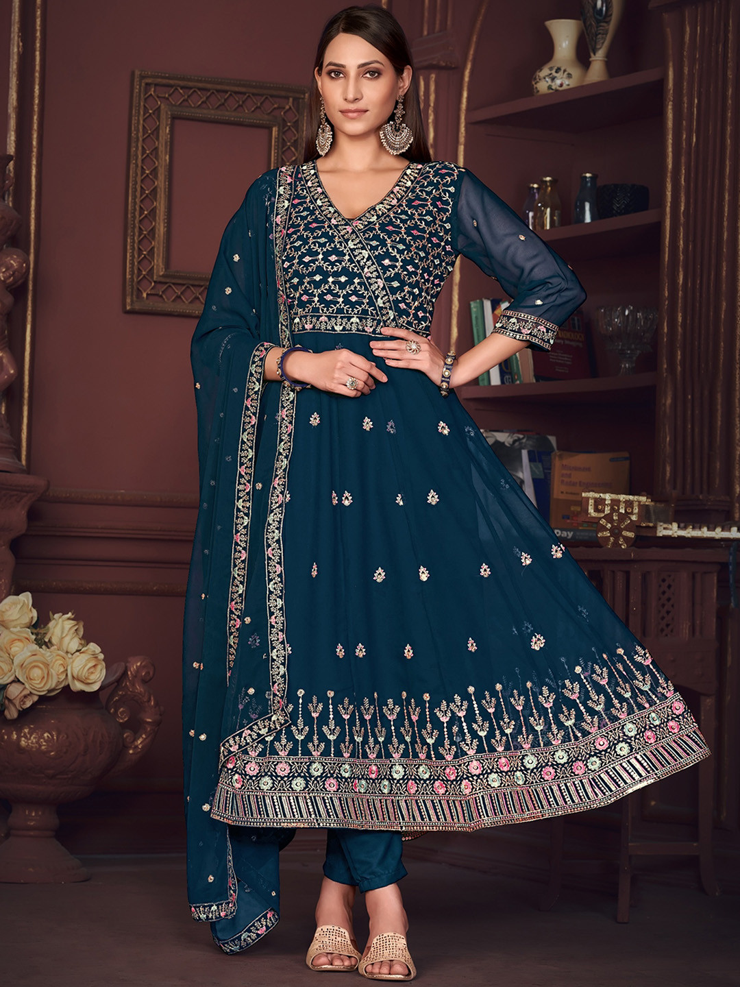 Warthy Ent Embroidered Semi-Stitched Anarkali With Duptta Set Dress Material