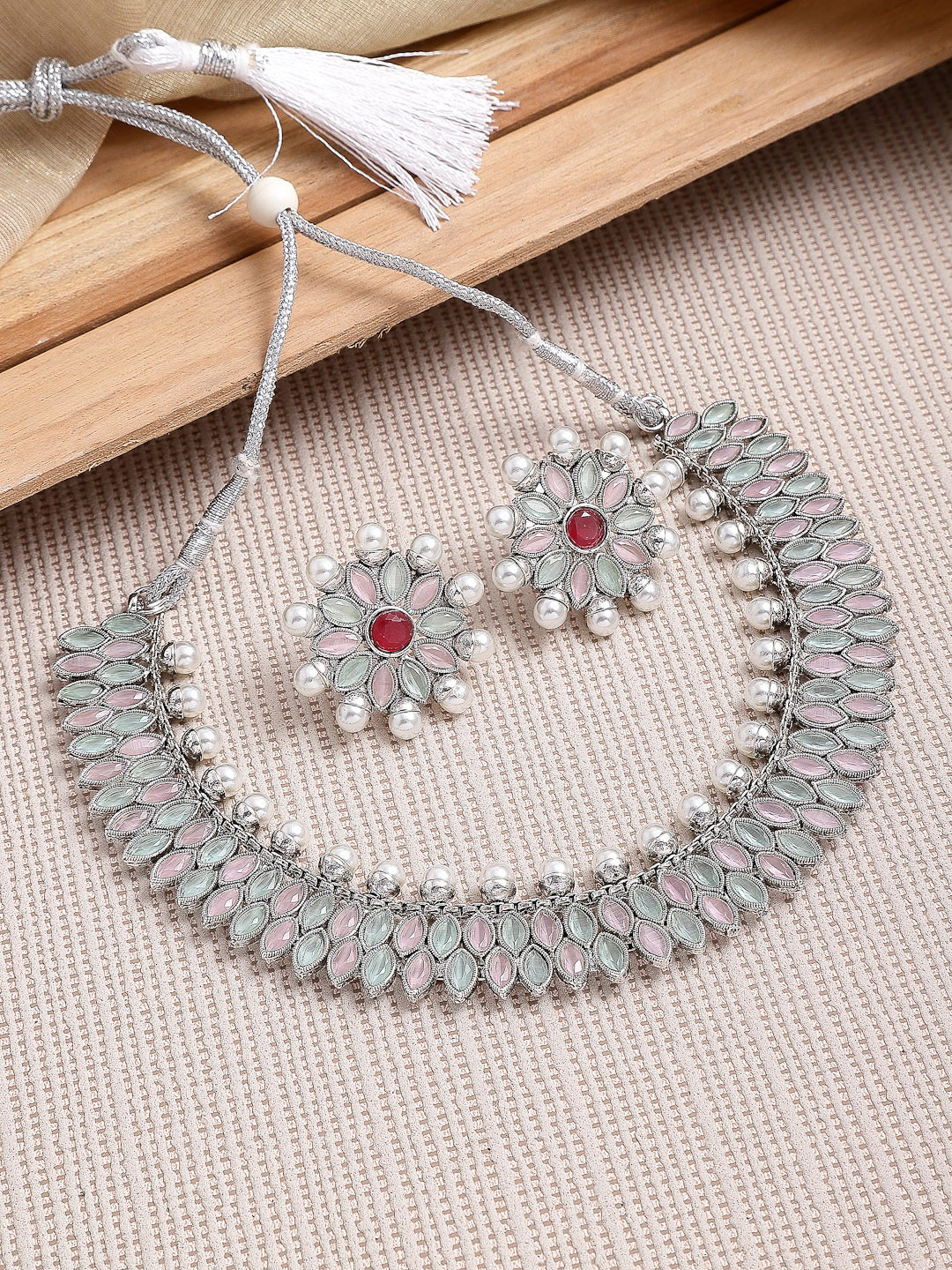 ZENEME Oxidised Pink Cubic Zirconia Stone Studded Leaf Shaped Jewellery Set