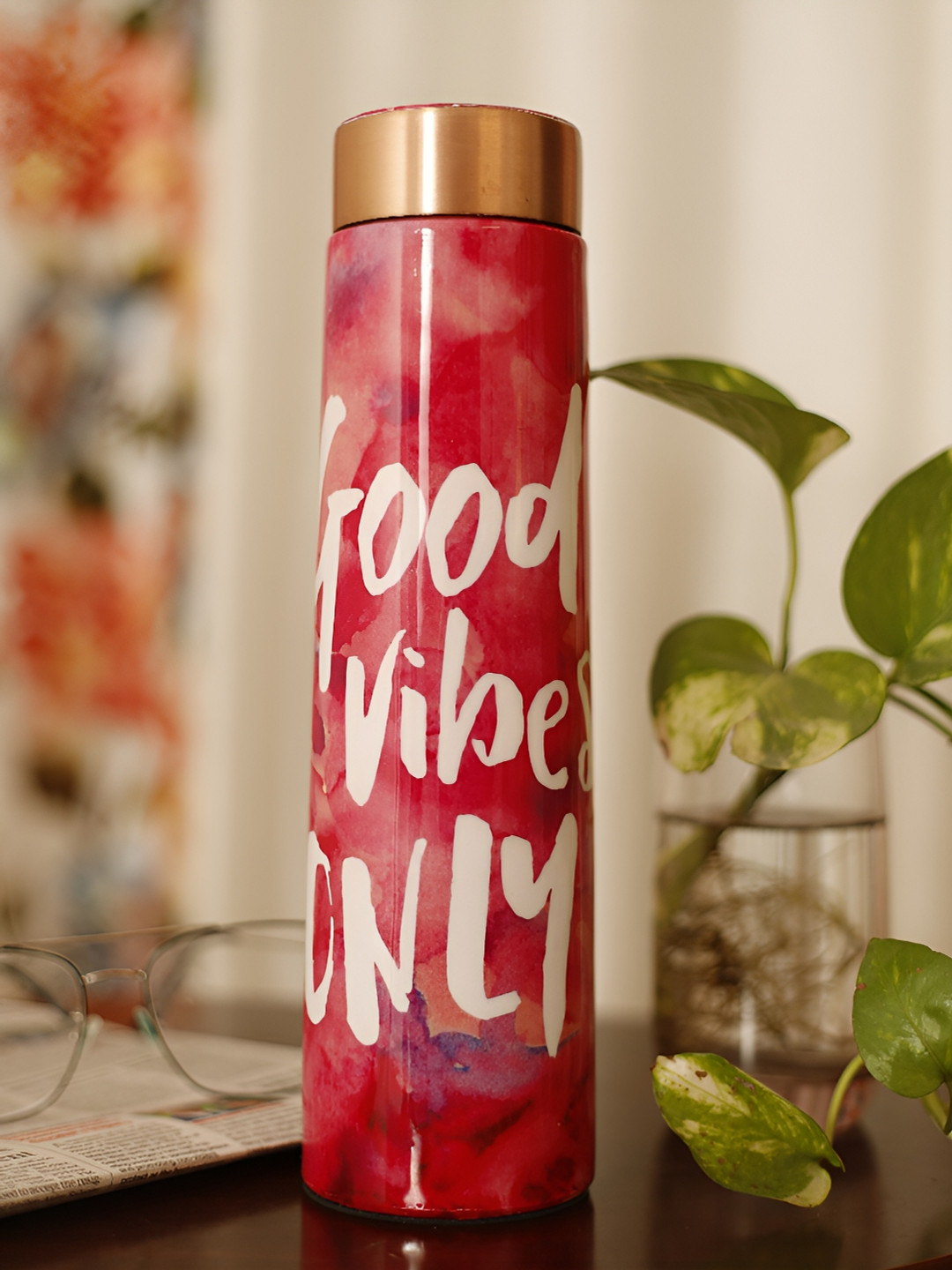 HomeShastra Pink and White Single Copper Printed Water Bottle 950 ml