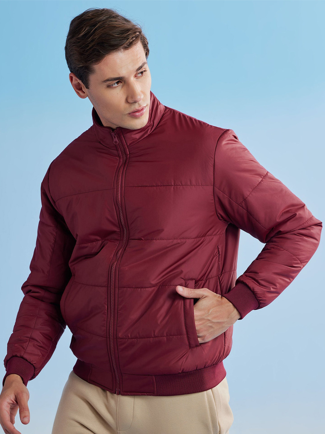 Red Flame Mock Collar Long Sleeves Padded Jacket