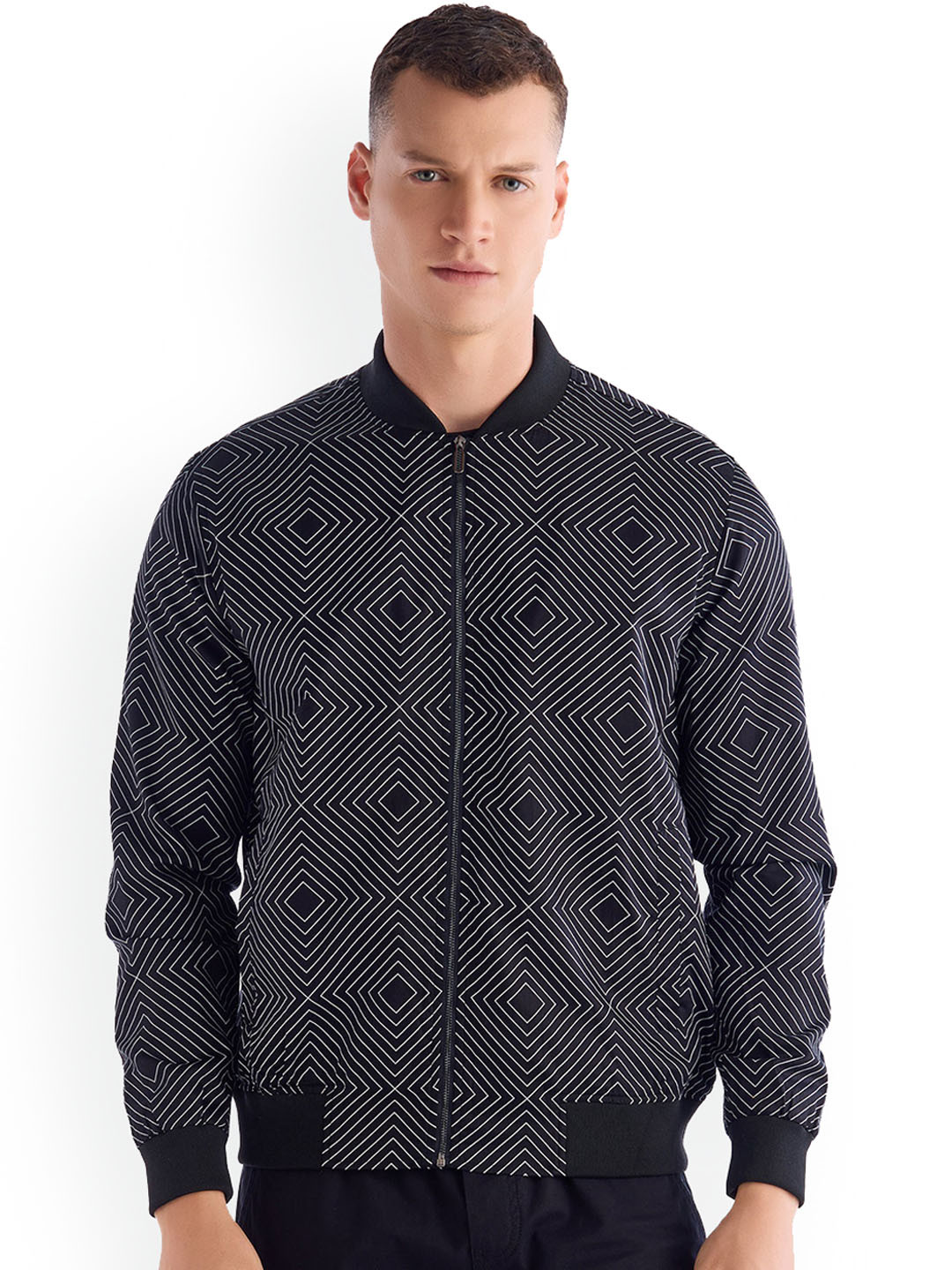 Red Flame Geometric Printed Stand Collar Bomber Jacket