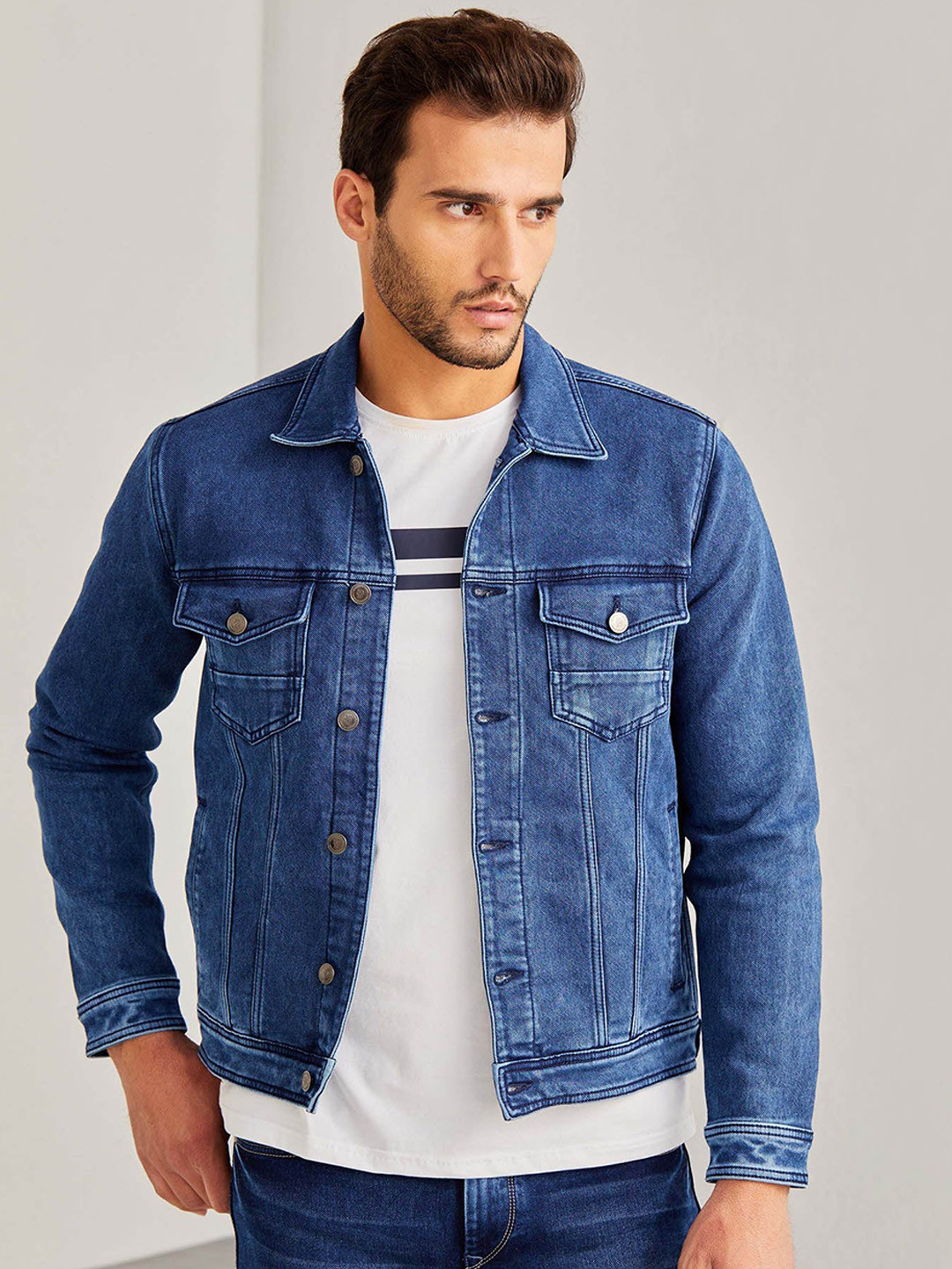 DAGERRFLY Washed Long Sleeves Pure Cotton Crop Denim Jacket