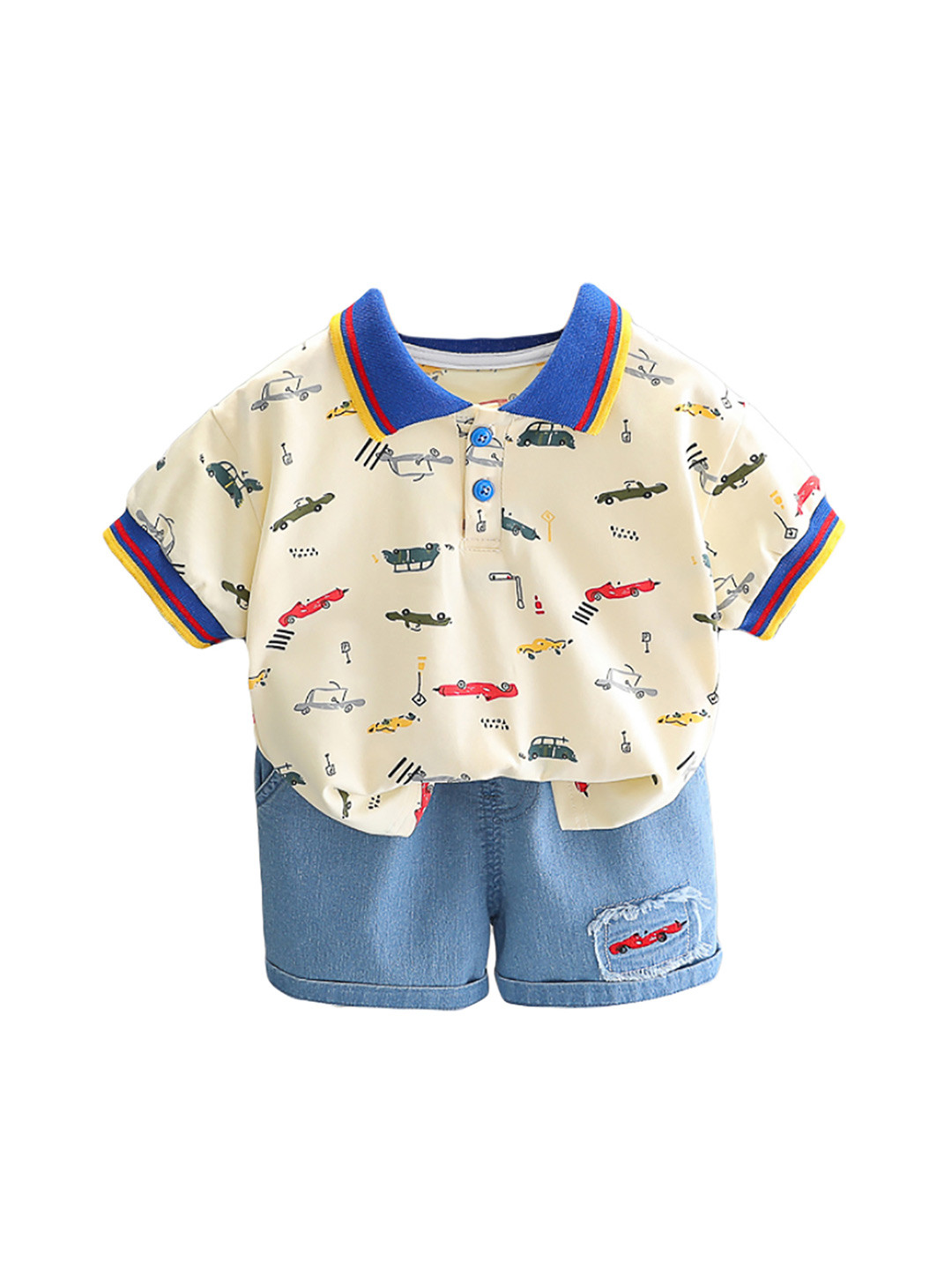 StyleCast x Revolte Boys Yellow & Blue Polo Collar Printed T-shirt with Shorts