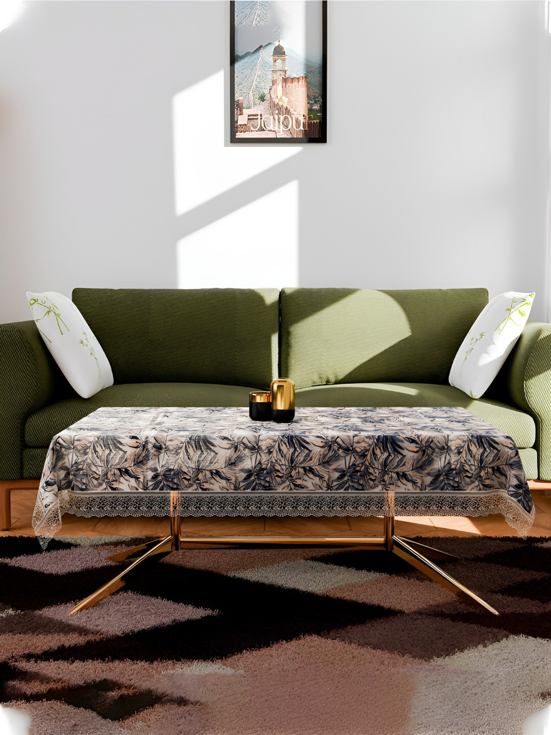 Kuber Industries Blue & Brown Leaf Gripper Printed 4-Seater Table Cover