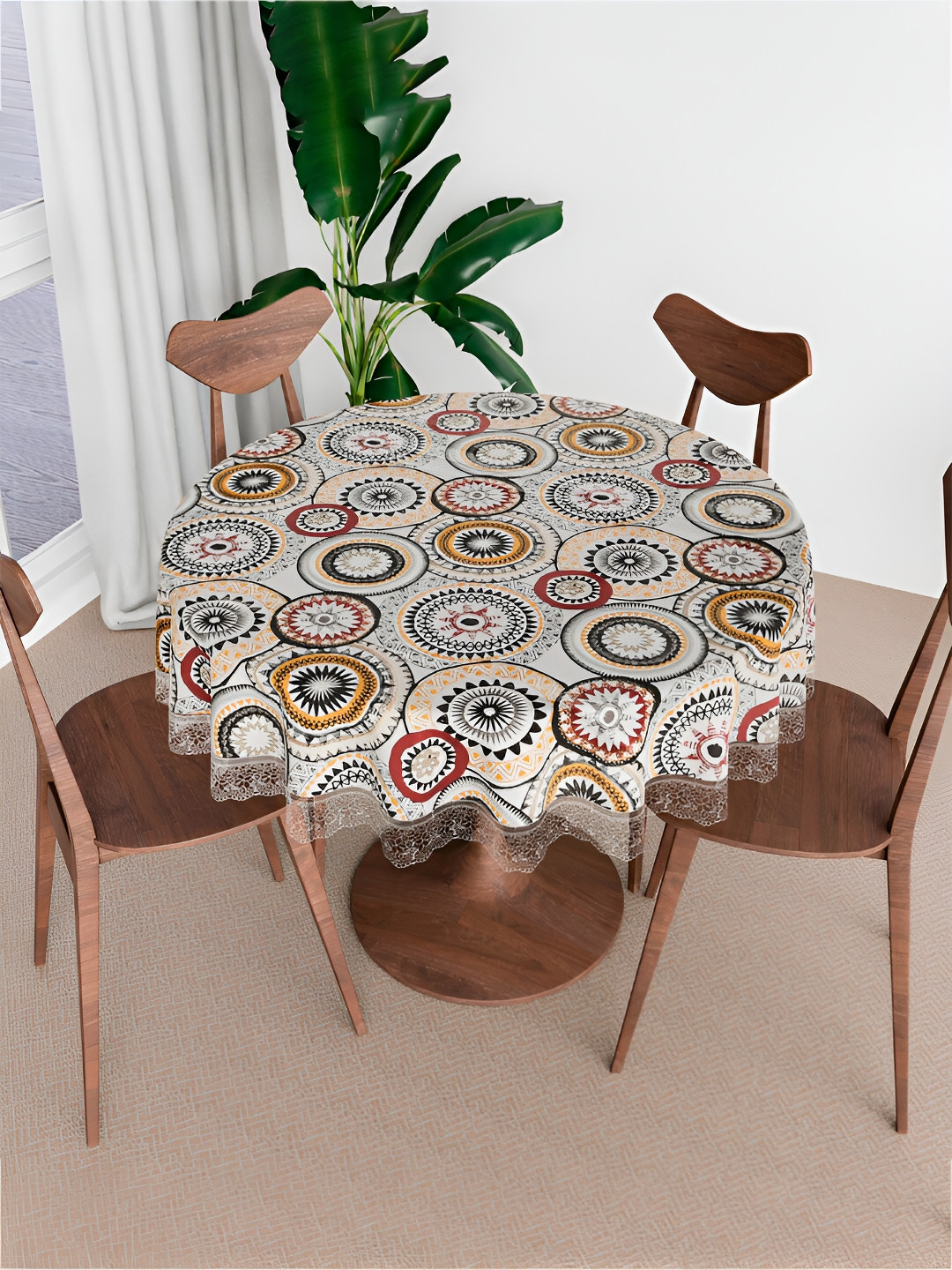 Kuber Industries White & Red Rangoli Design Printed 4-Seater Table Cover
