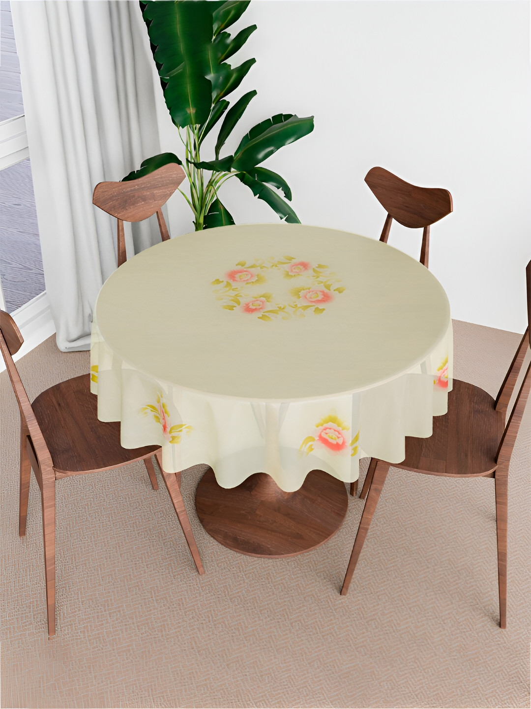 Kuber Industries Cream-Coloured & Red Floral Printed Round 4-Seater Table Cover