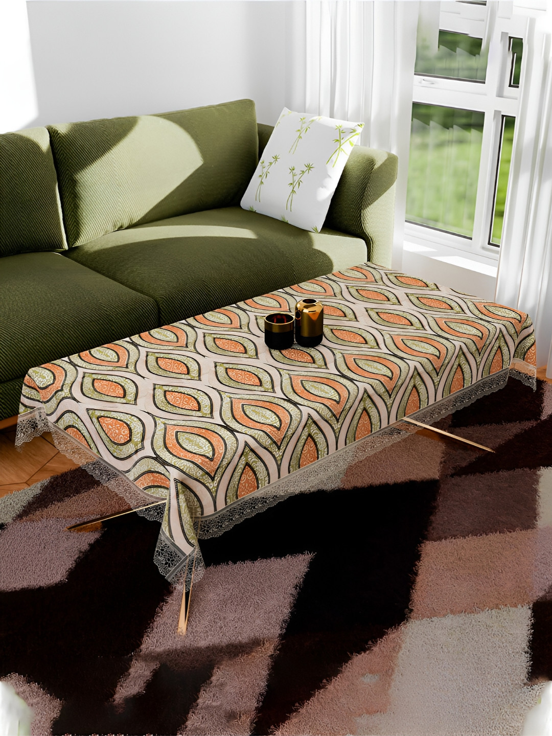 Kuber Industries Green & Orange Colored Zig-Zag Gripper 4-Seater Table Cover