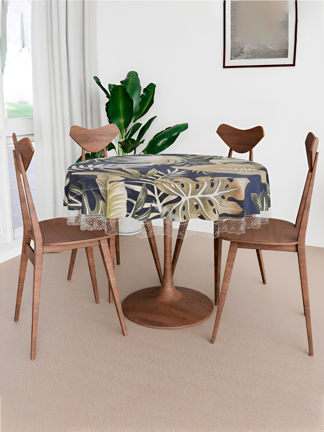 Kuber Industries Blue PVC Green Leaf Design 4 Seater Round Table Cover