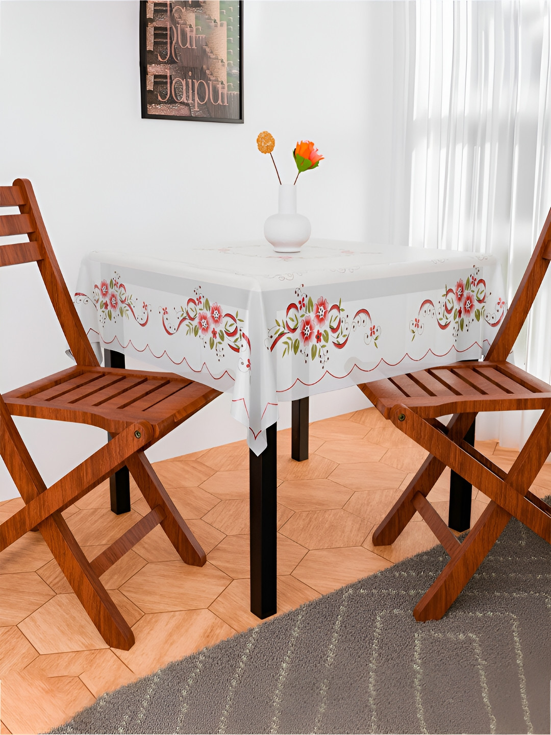 Kuber Industries White & Red Floral Print Round Table Linen