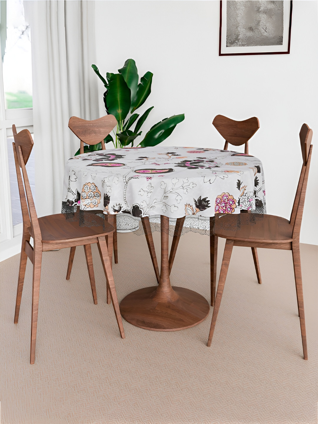 Kuber Industries White & pink 3D Floral & Paisley Print 4 Seater Round Table Linen