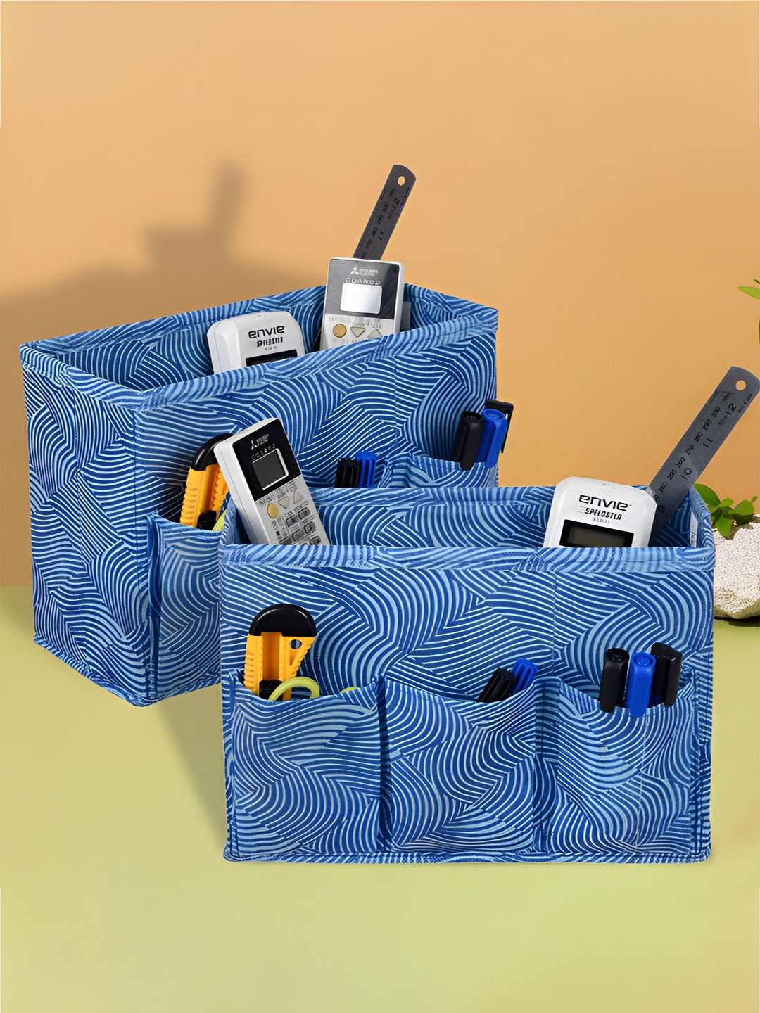 Kuber Industries Blue & White 2Pcs Printed Reusable Stationary Box for Office Organisers