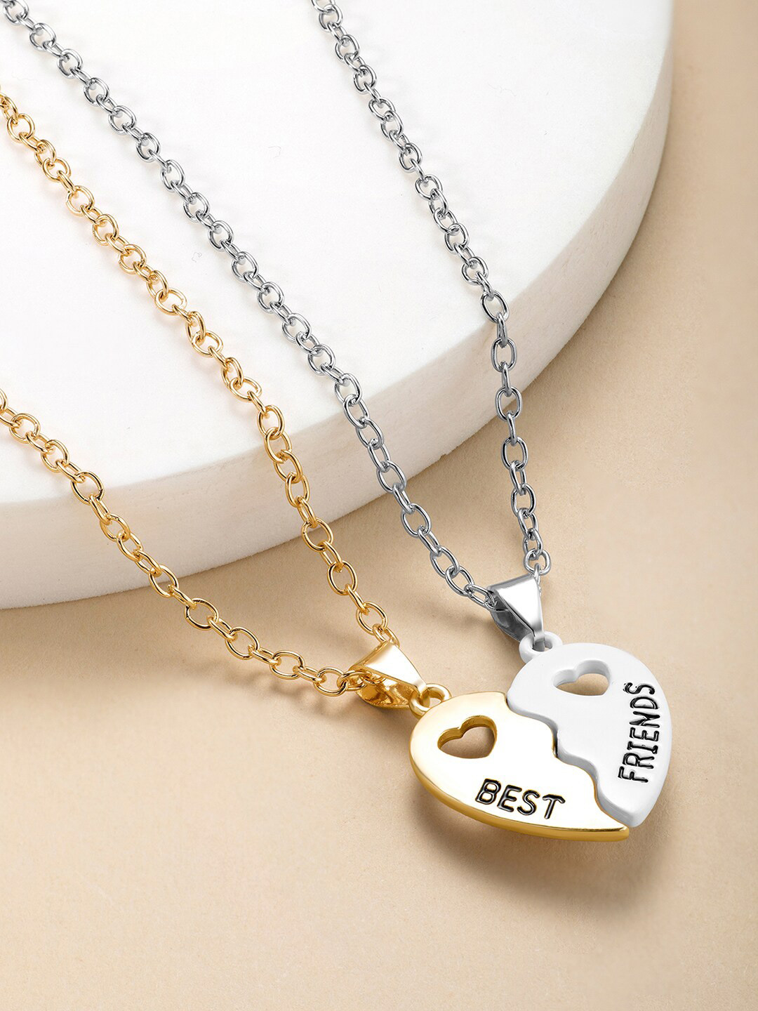 Peora Set of 2 Silver-Plated Heart Shape Best Friends Pendant Chains