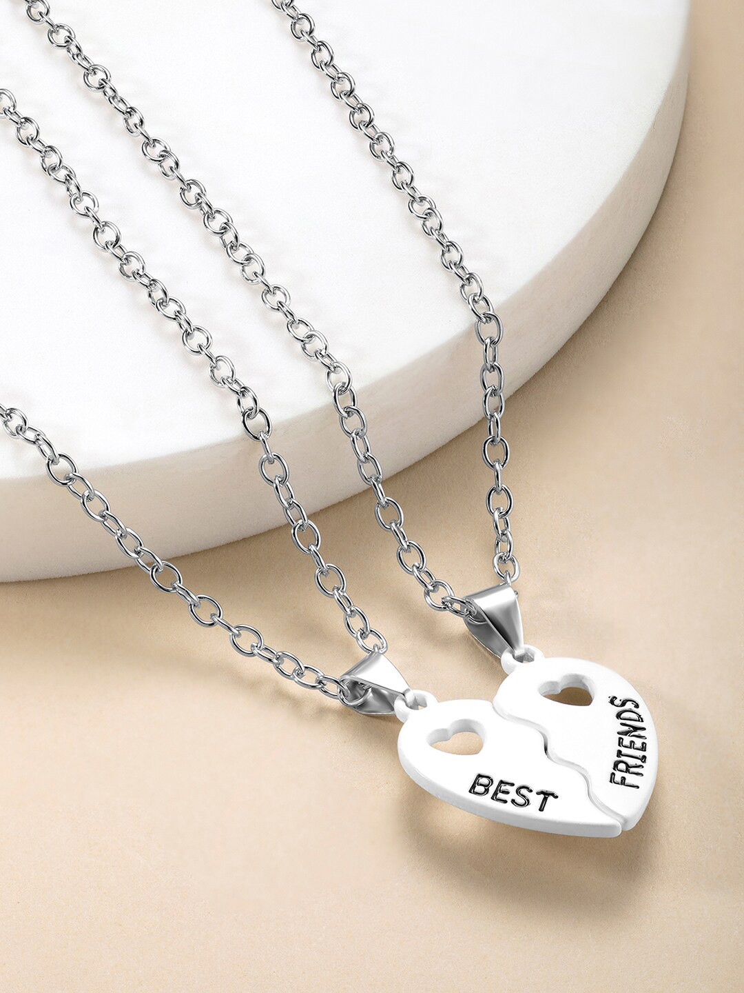 Peora Set of 2 Silver-Plated Heart Shape Best Friends Pendant Chains