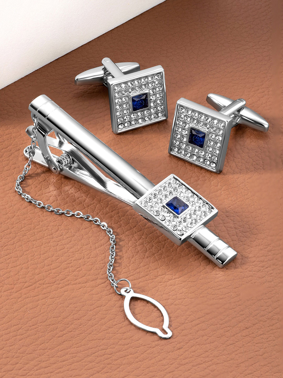 Peora Men Silver-Plated Artificial Stones Studded Tie Pin & Cufflink Gift Set