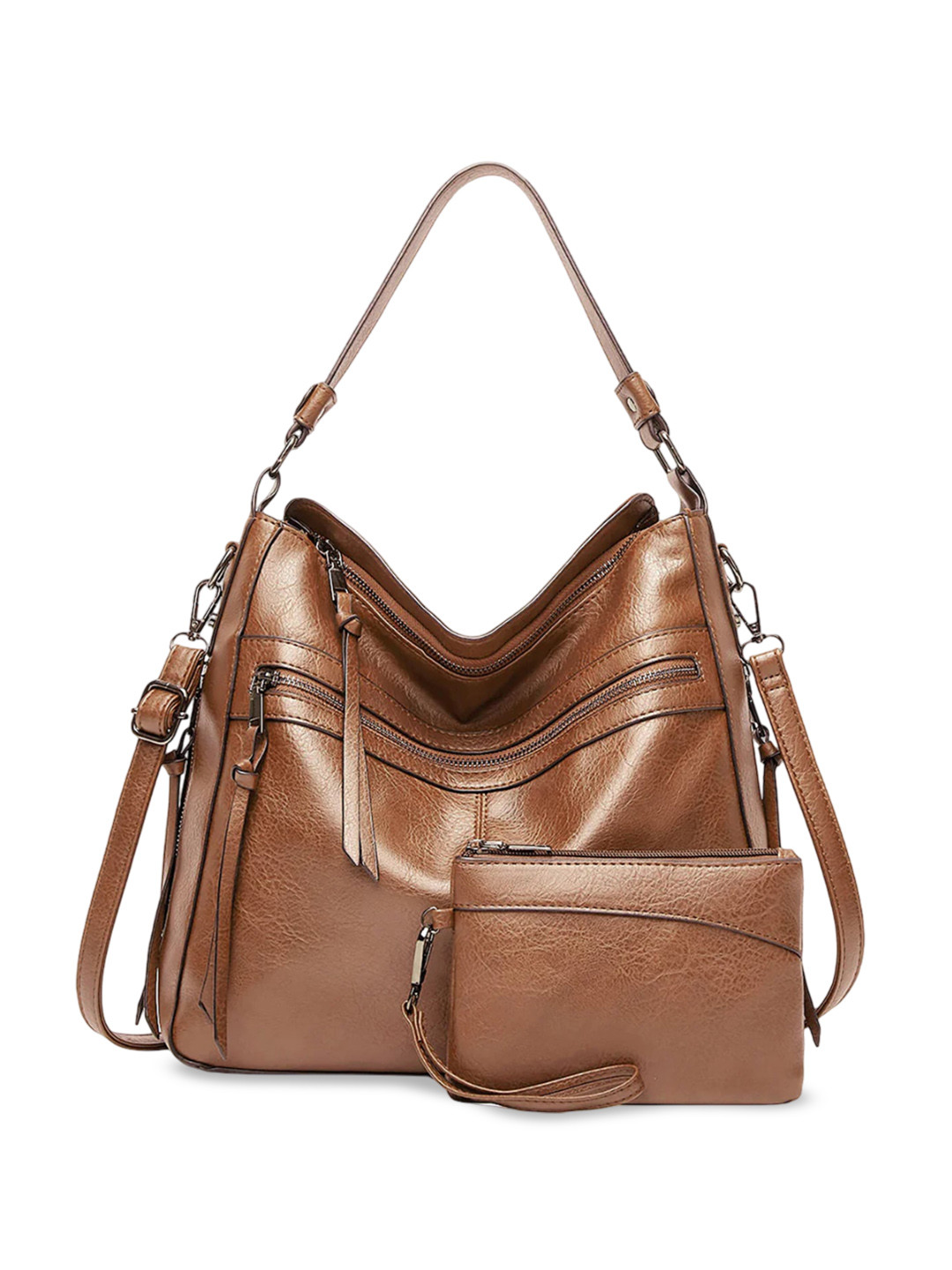 SYGA Textured Leather Bucket Handheld Bag With Pouch