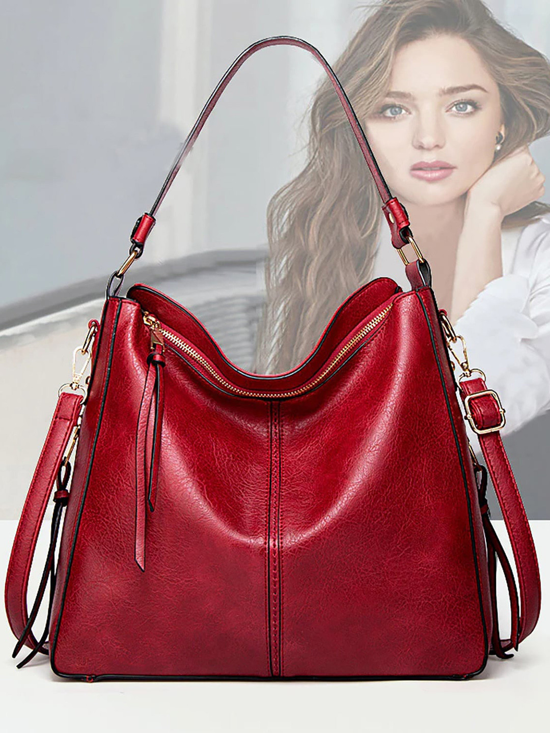 SYGA Leather Structured Hobo Bag With Pouch