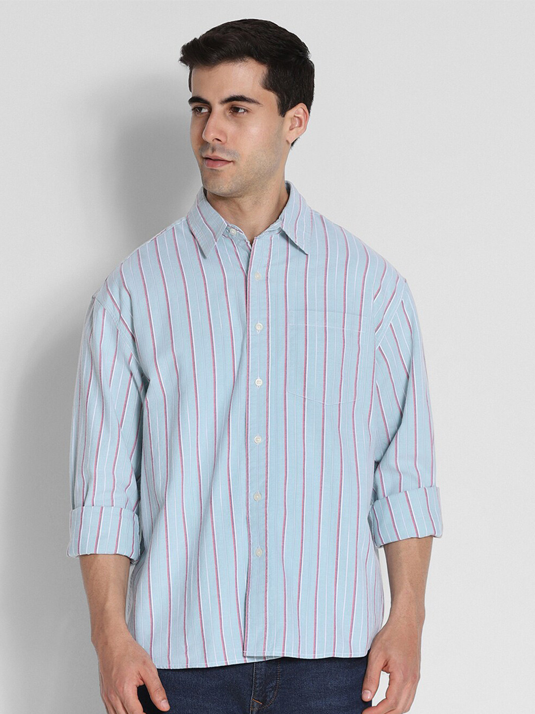 AMERICAN EAGLE OUTFITTERS Striped Oxford Button-Up Oversized Cotton Shirt
