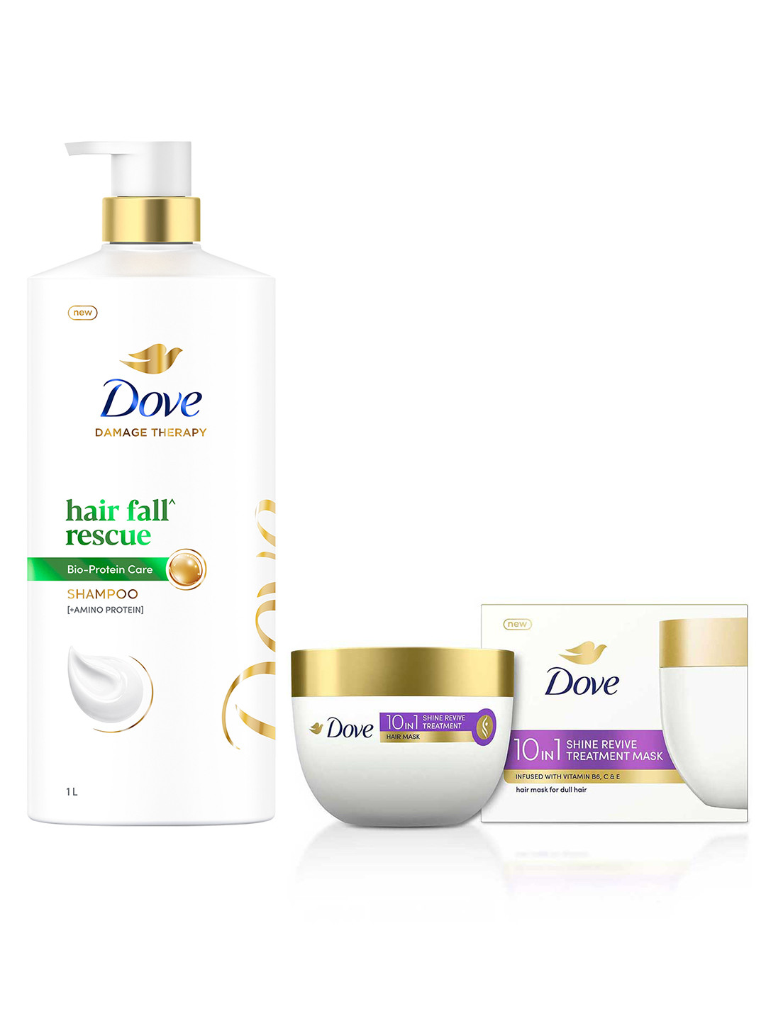 Dove Set of Hair Fall Rescue Shampoo 1L & Shine Revive Treatment Hair Mask 300 ml