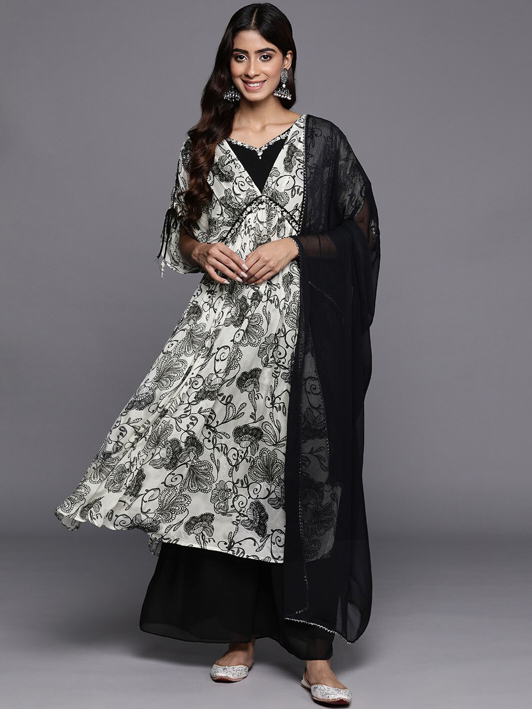 Mitera Floral Embroidered Empire Pure Silk A-Line Kurta with Palazzos & Dupatta