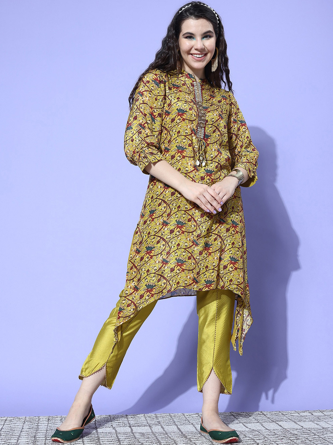 Mitera Mandarin Collar Floral Printed Sequinned Pure Silk A-Line Fusion Kurta with Trouser